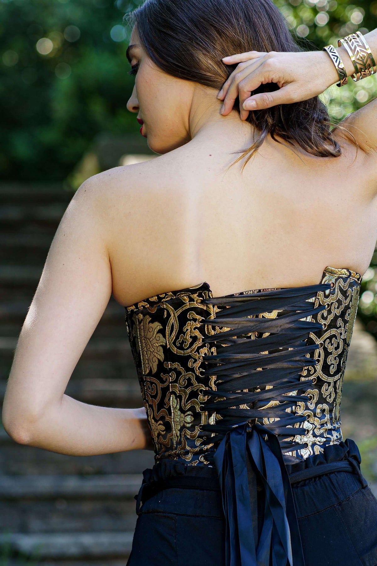Black With Gold Brocade Pattern Longline Overbust With Hooks