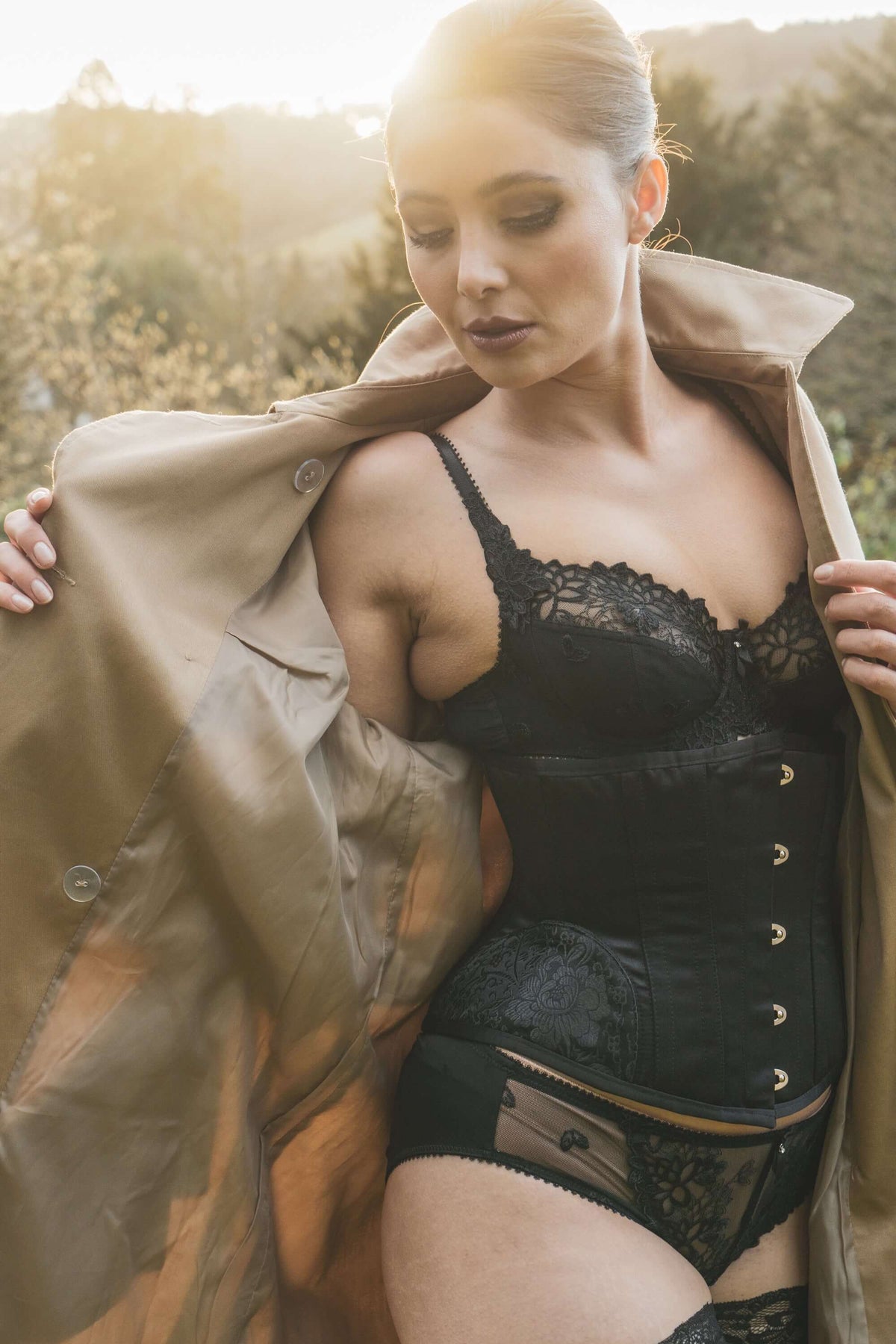 Black Underbust With Contrast Brocade Hip Panel And Curved Hem