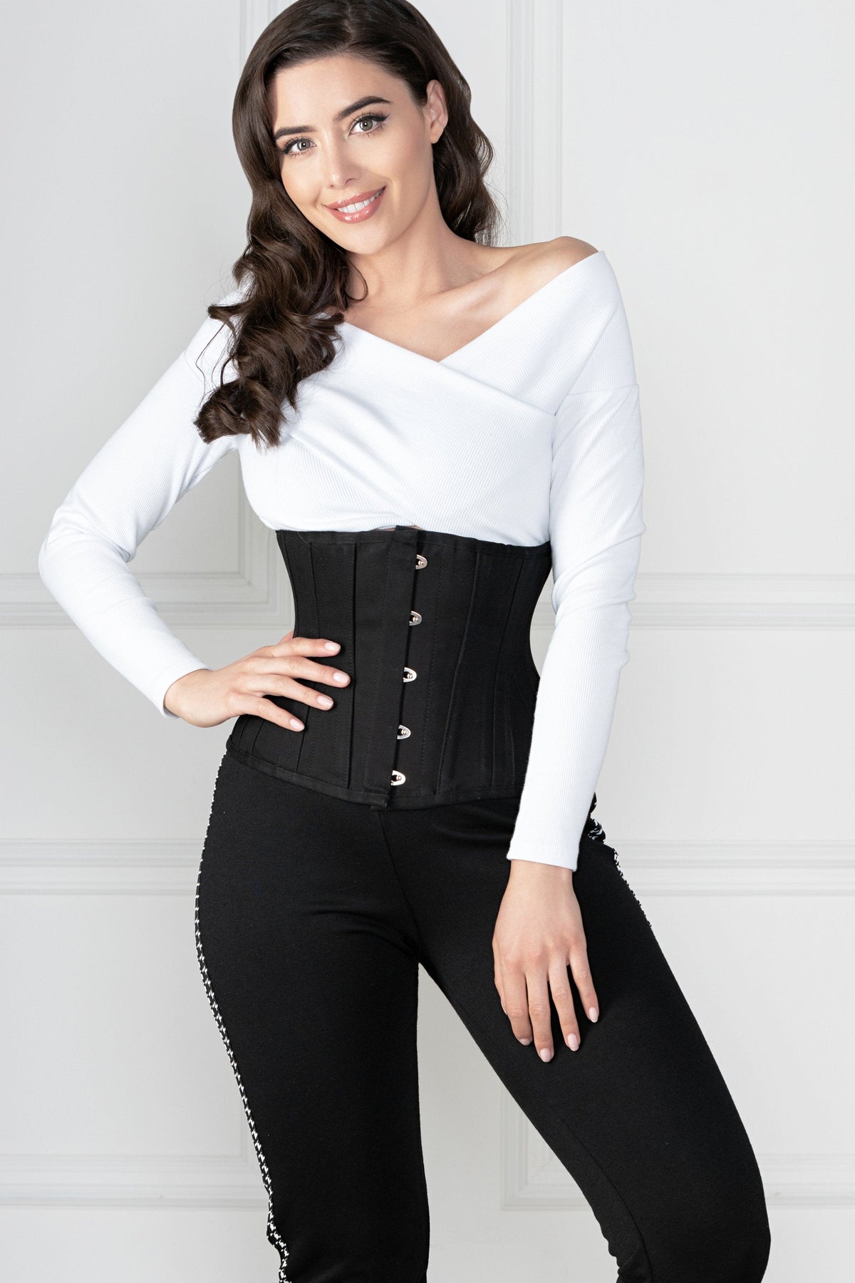 Black Cotton Twill Classic Underbust Waist Trainer With Hip Gores