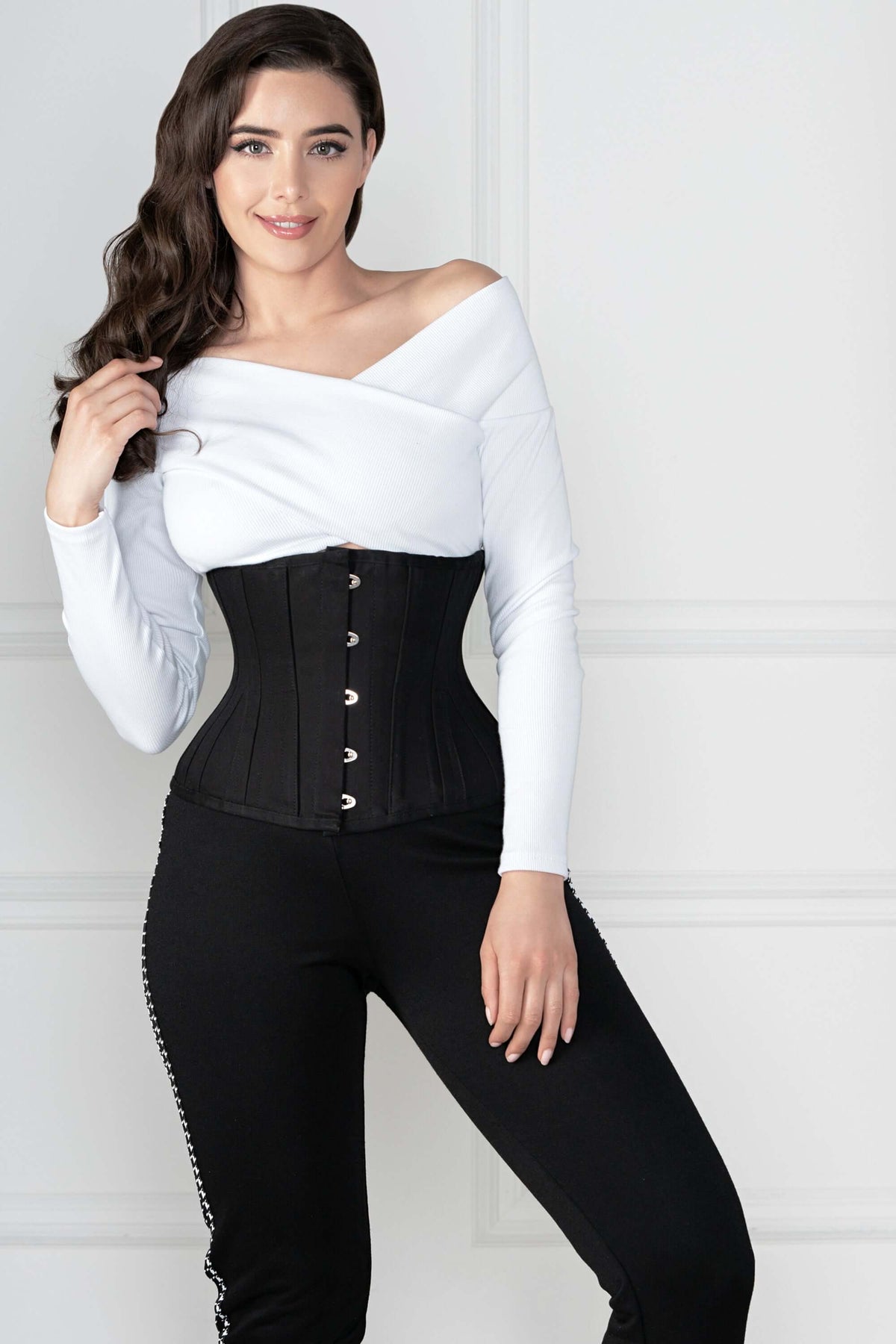 Black Cotton Twill Classic Underbust Waist Trainer With Hip Gores