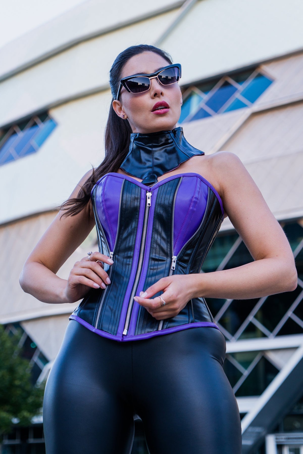 PVC Purple & Black Zipped Corset With Choker