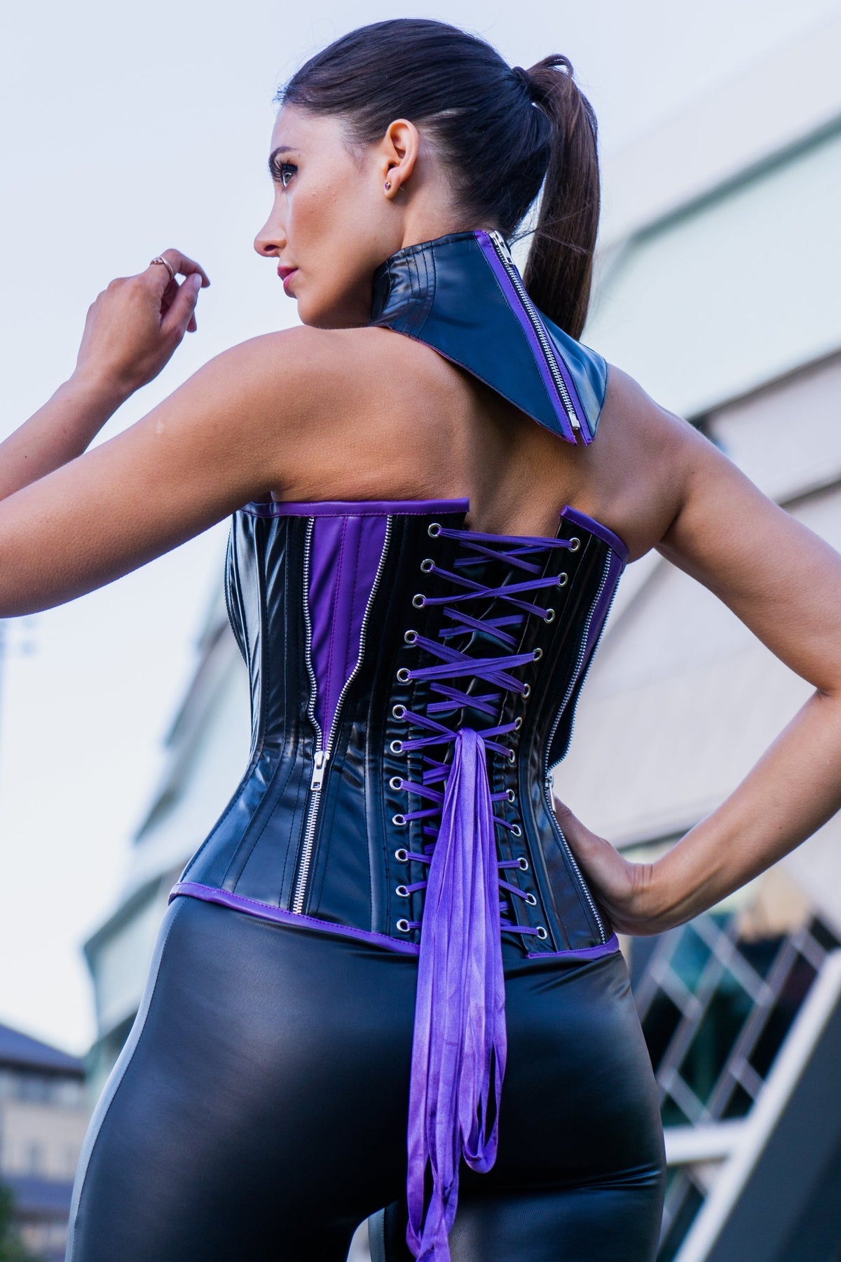 PVC Purple & Black Zipped Corset With Choker