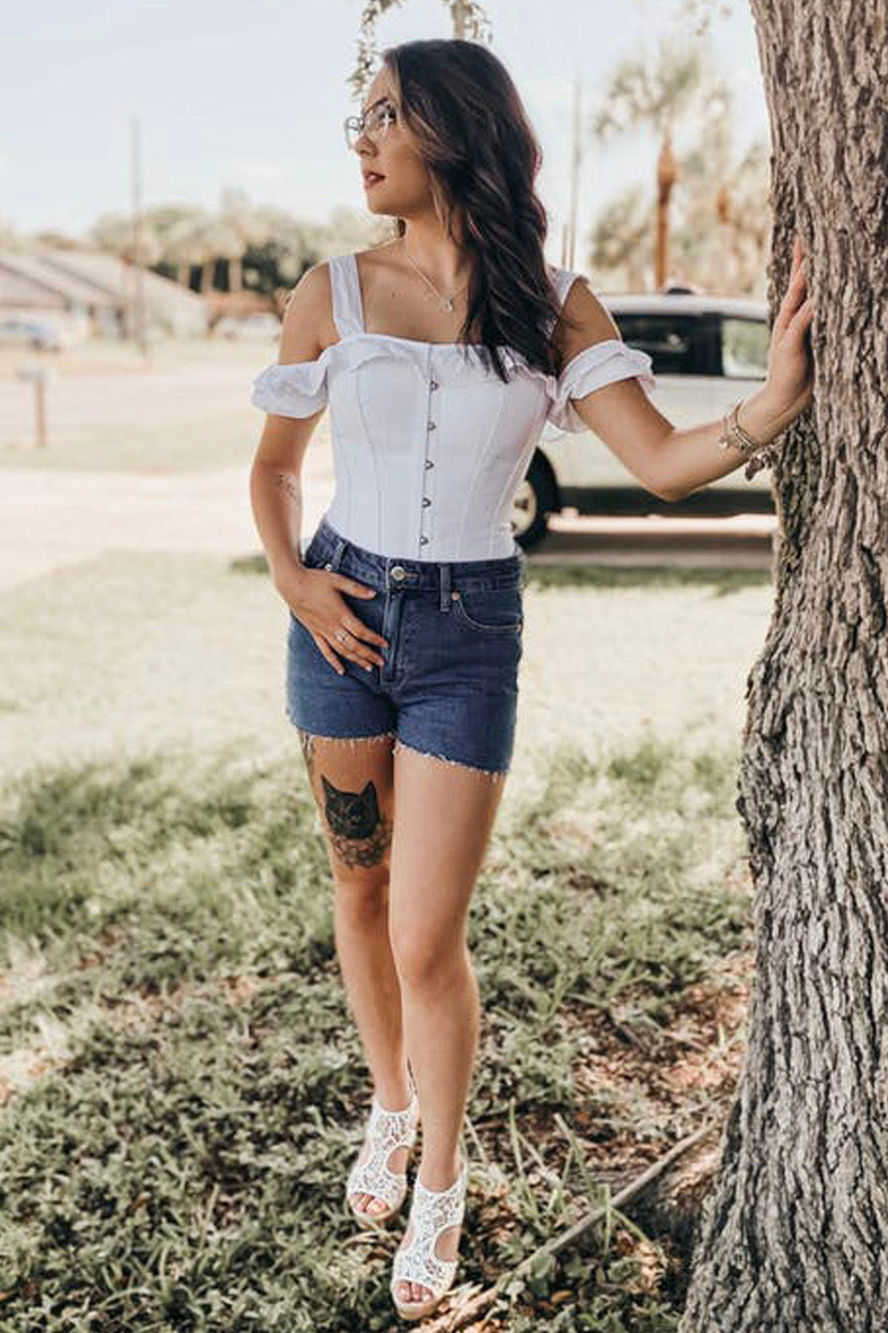 White Cotton Overbust With Sleeves And Shoulder Straps