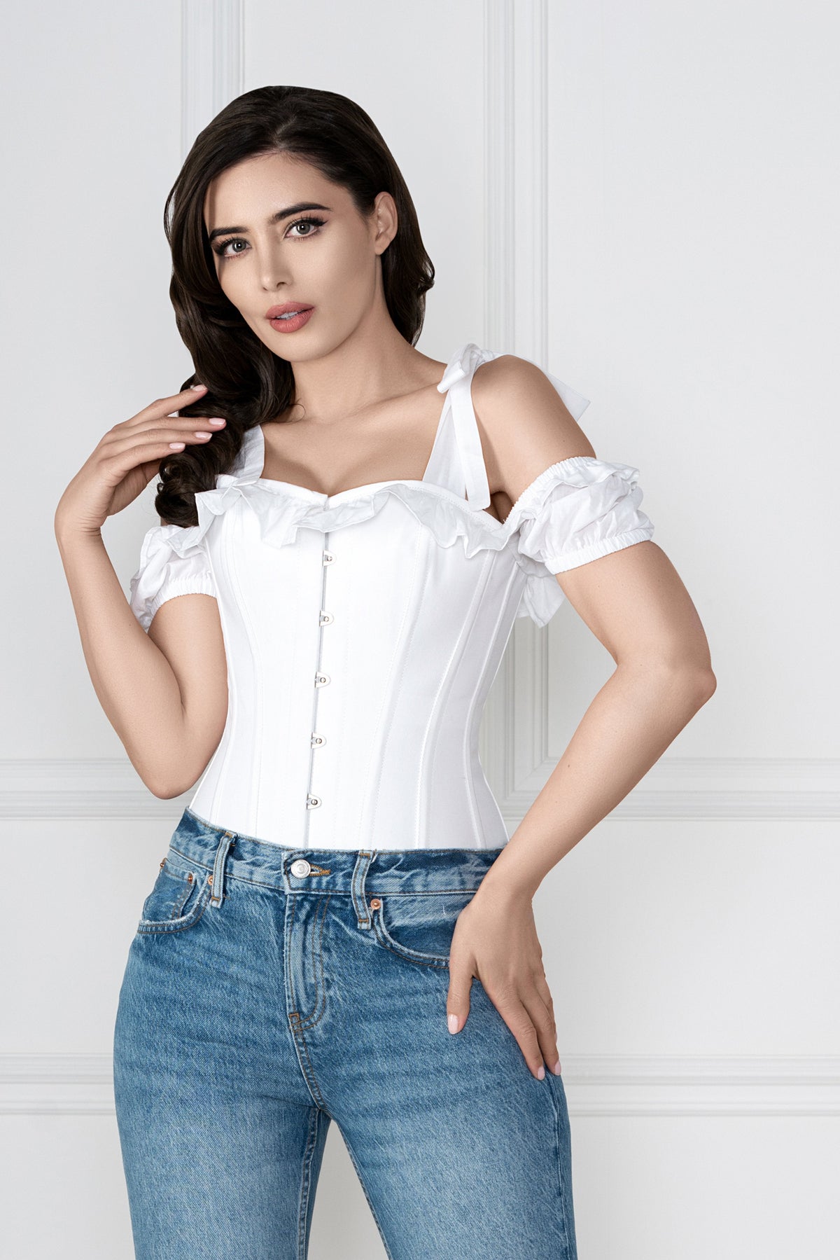 White Cotton Overbust With Sleeves And Shoulder Straps