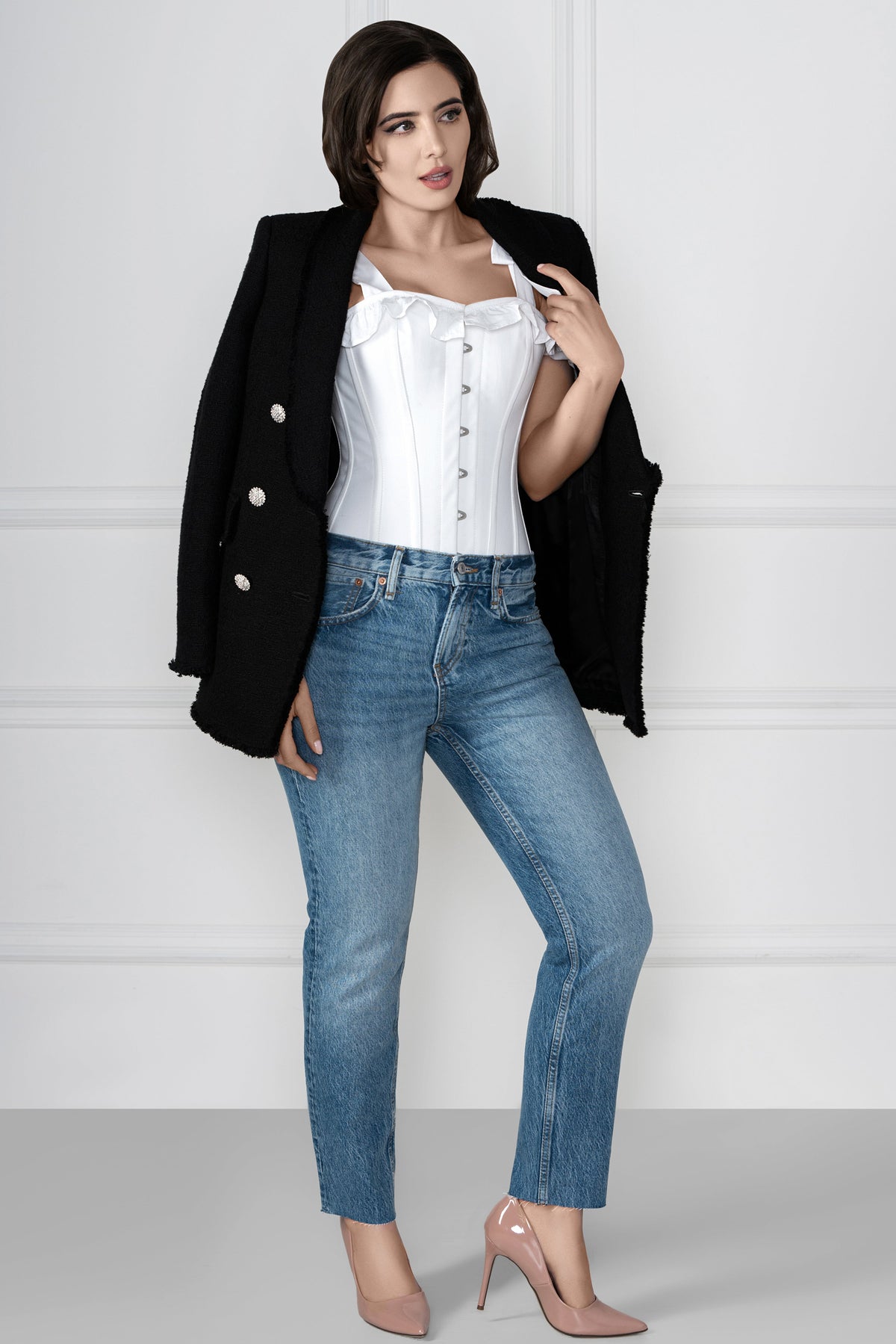 White Cotton Overbust With Sleeves And Shoulder Straps