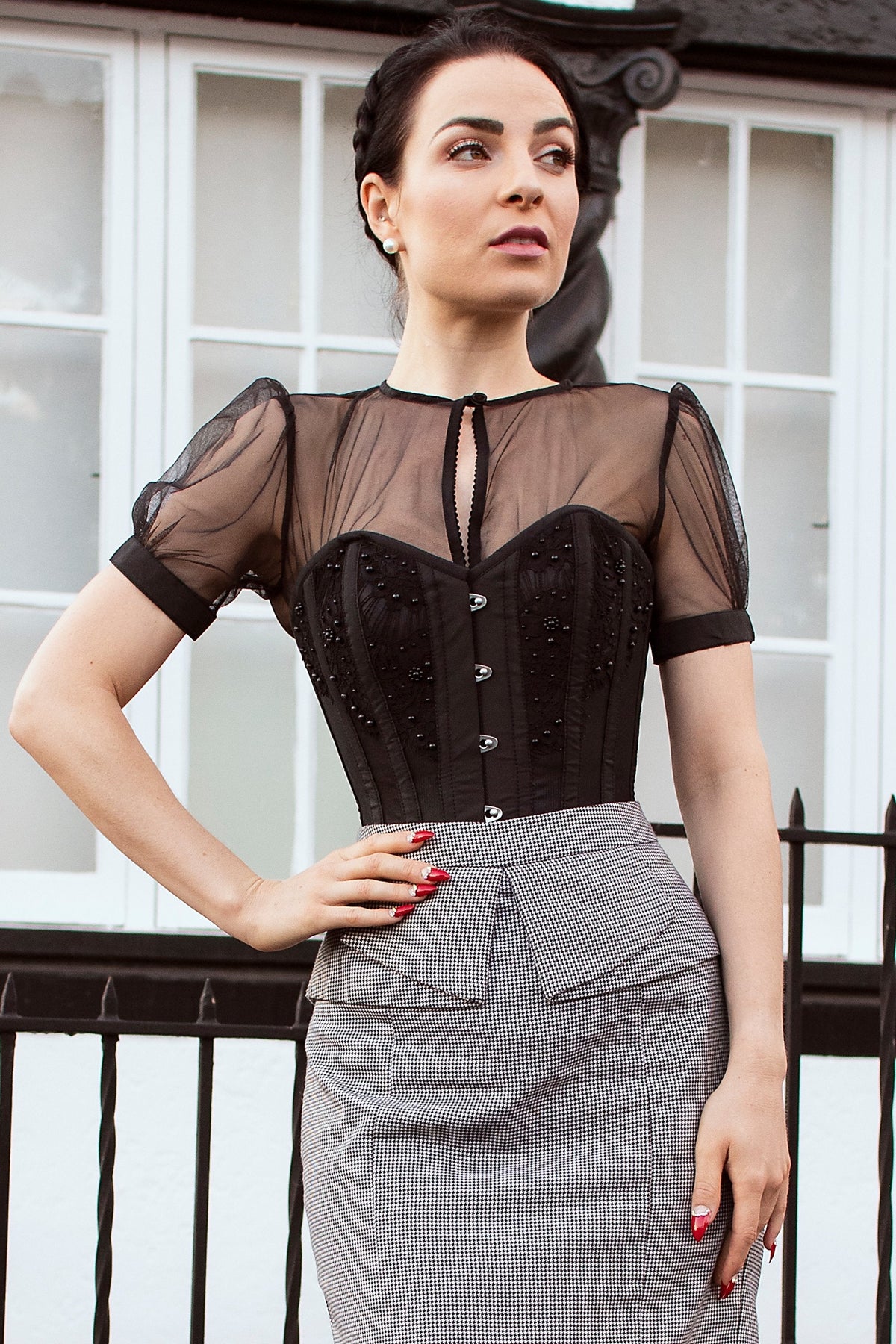 Instant Shape Black Mesh Corset With Semi-Sheer Sleeves