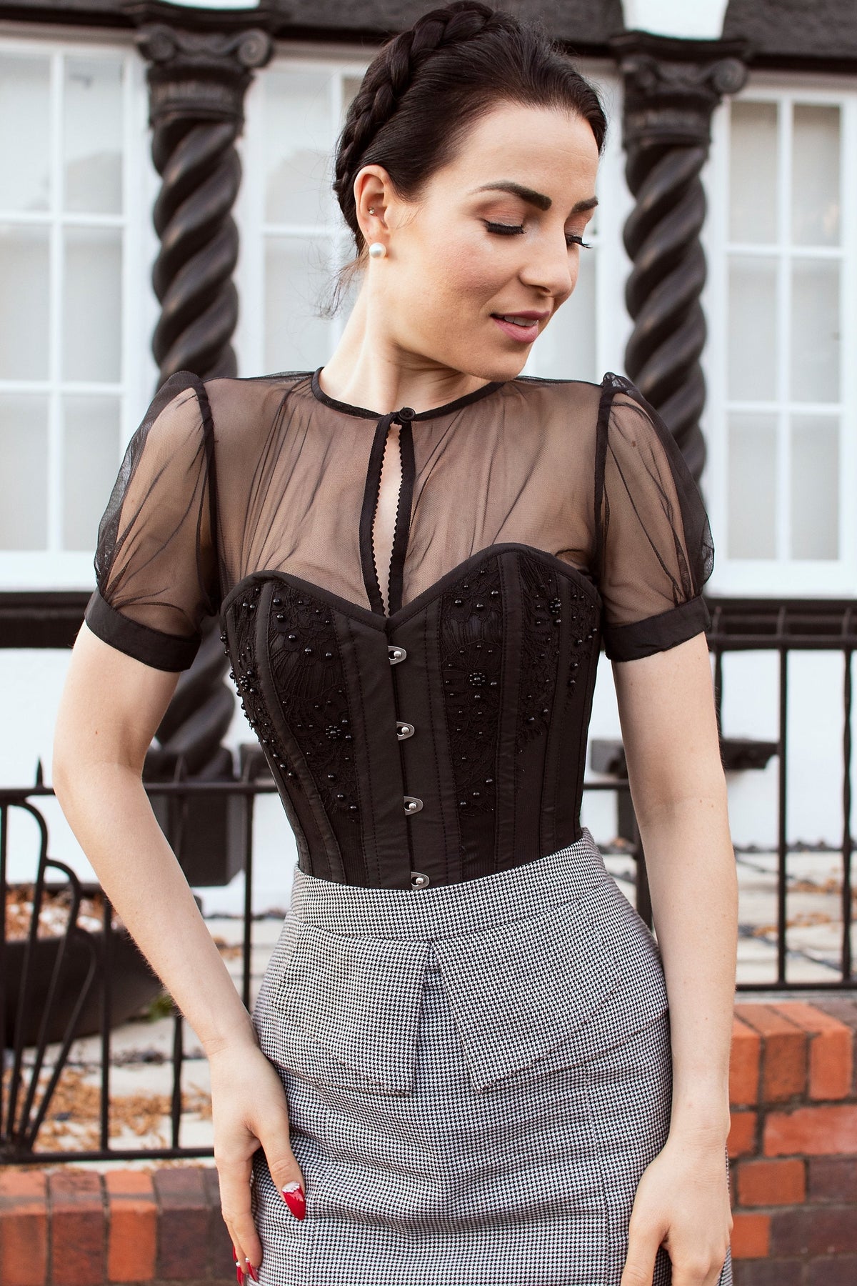 Instant Shape Black Mesh Corset With Semi-Sheer Sleeves