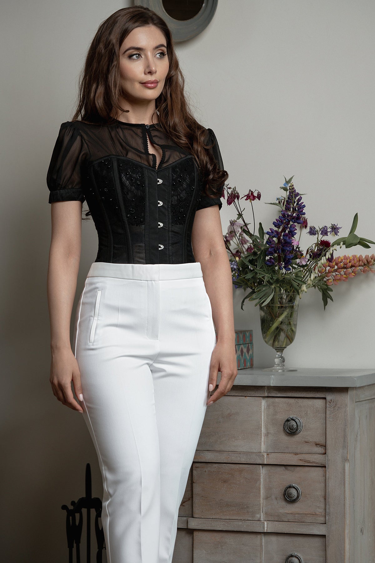Instant Shape Black Mesh Corset With Semi-Sheer Sleeves