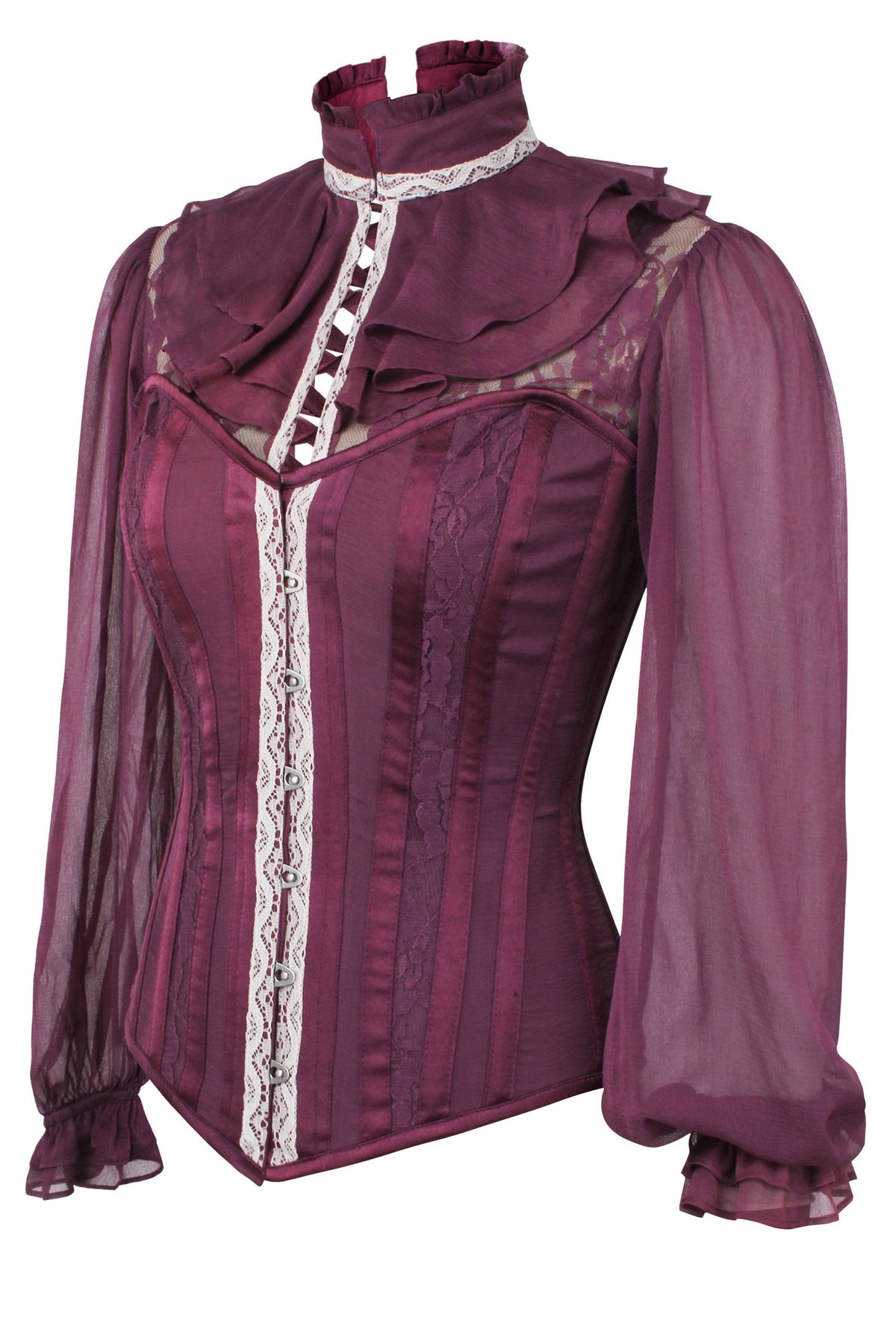 Dark Plum Corset Shirt With Puff Sleeves