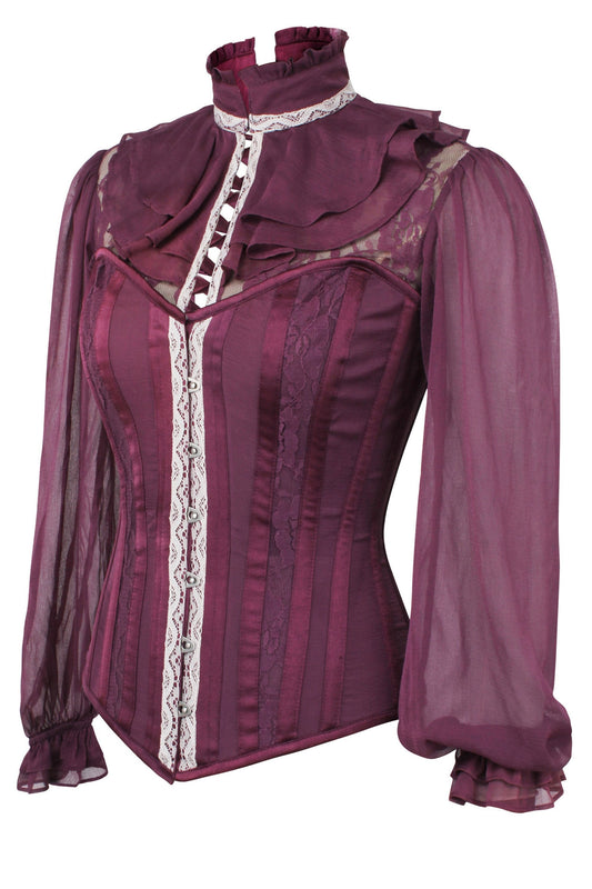 Dark Plum Corset Shirt With Puff Sleeves
