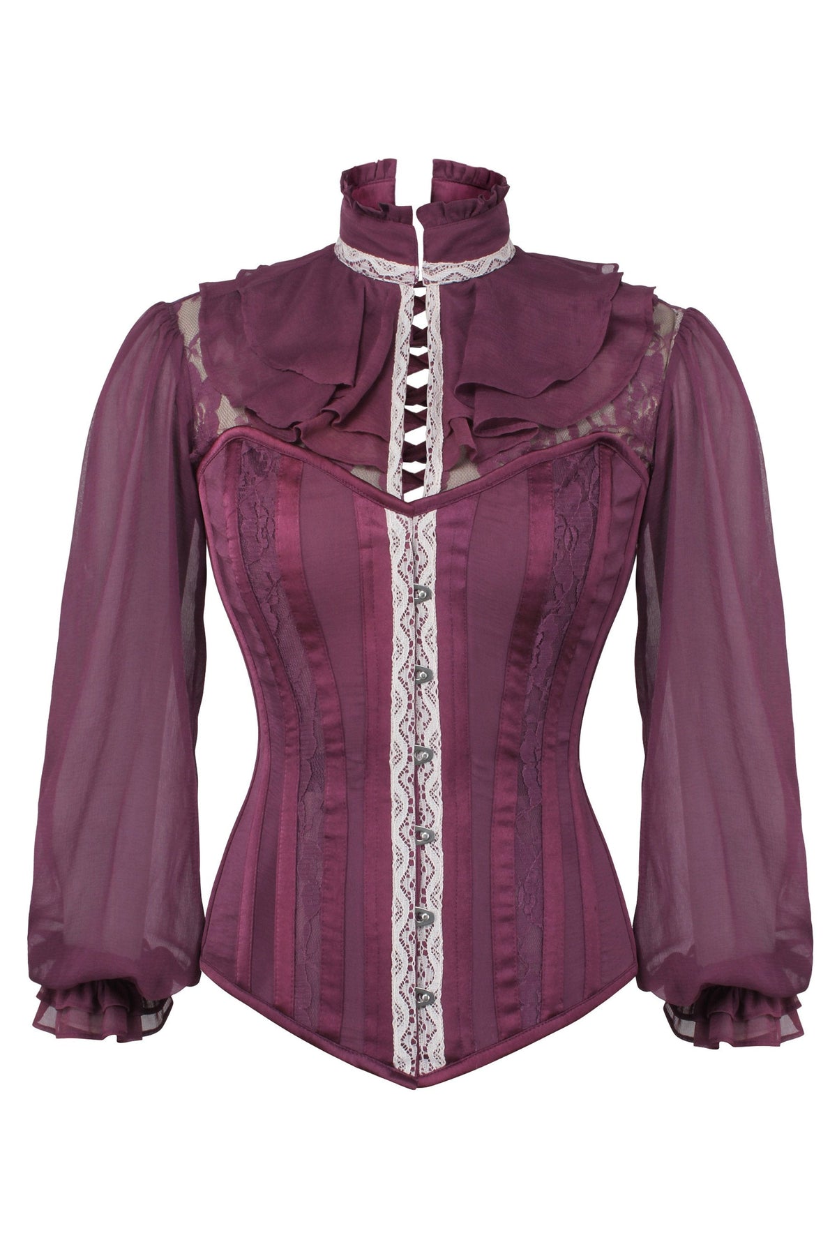 Dark Plum Corset Shirt With Puff Sleeves