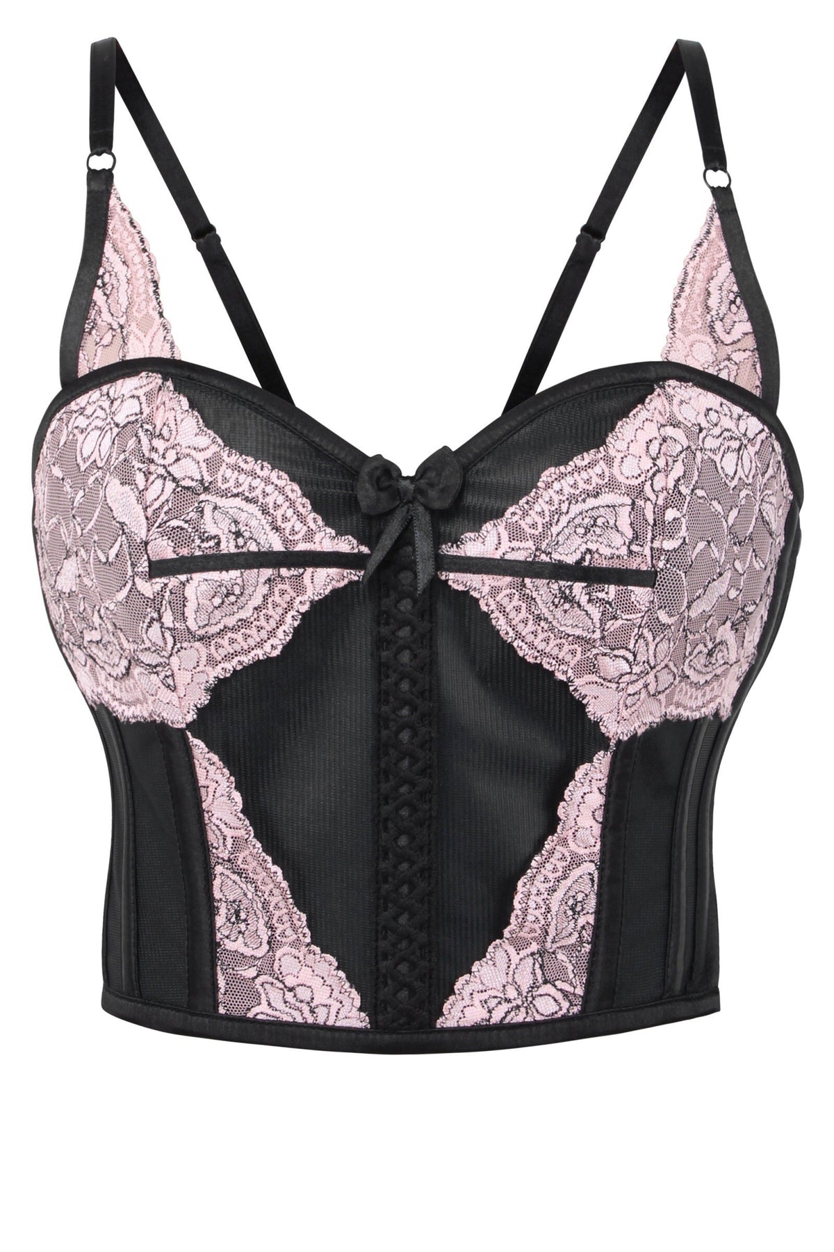 Cropped Pearl Pink Lace And Black Mesh Overbust Corset