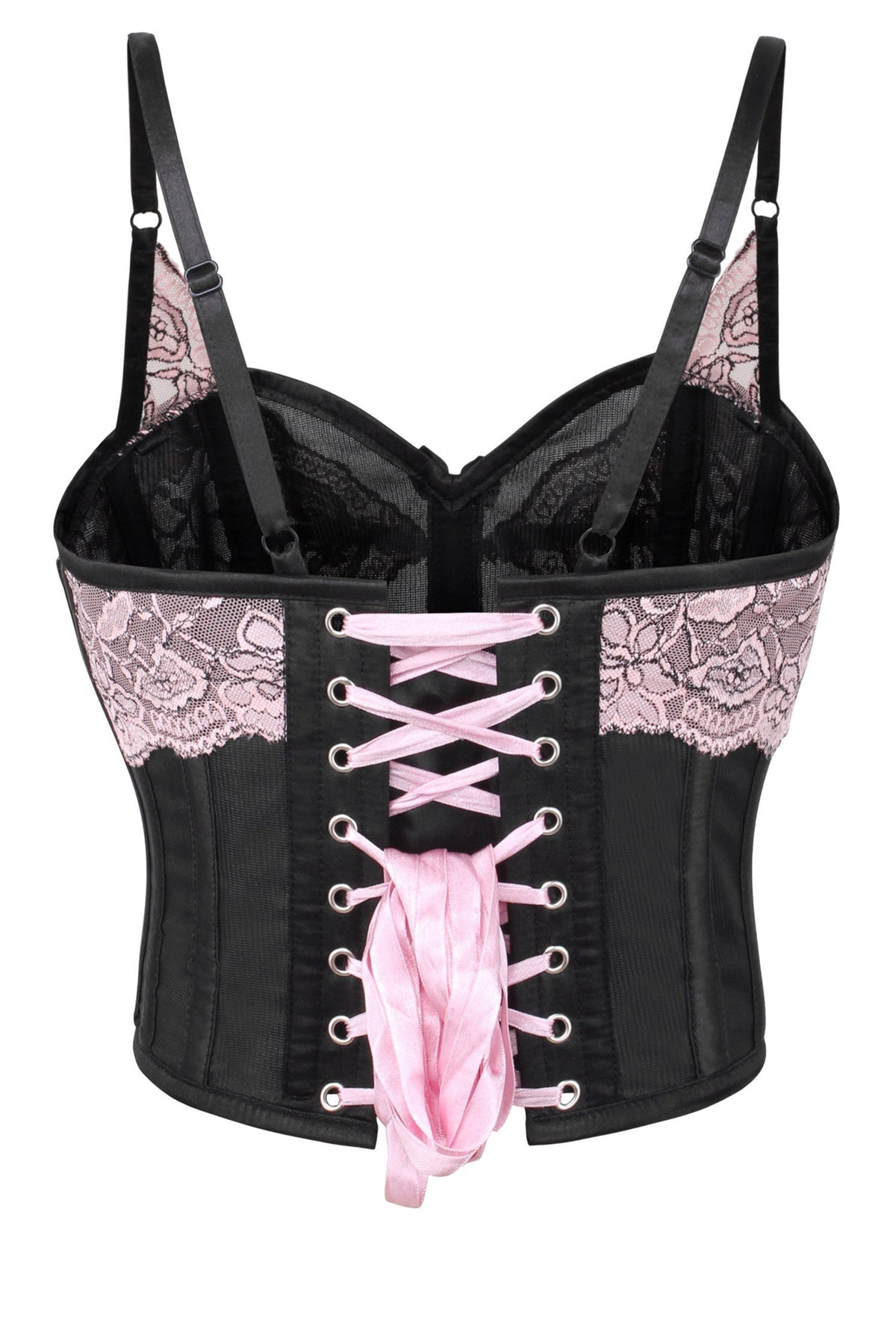 Cropped Pearl Pink Lace And Black Mesh Overbust Corset