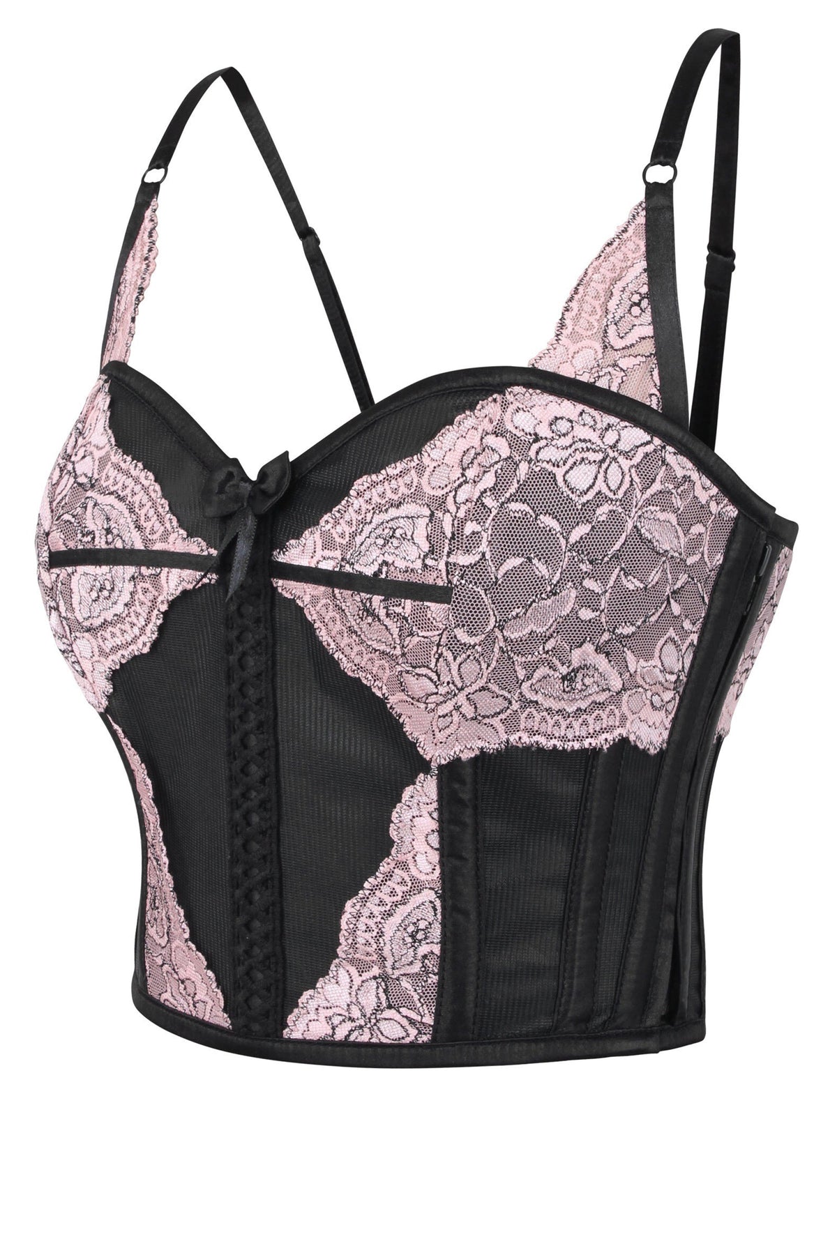 Cropped Pearl Pink Lace And Black Mesh Overbust Corset