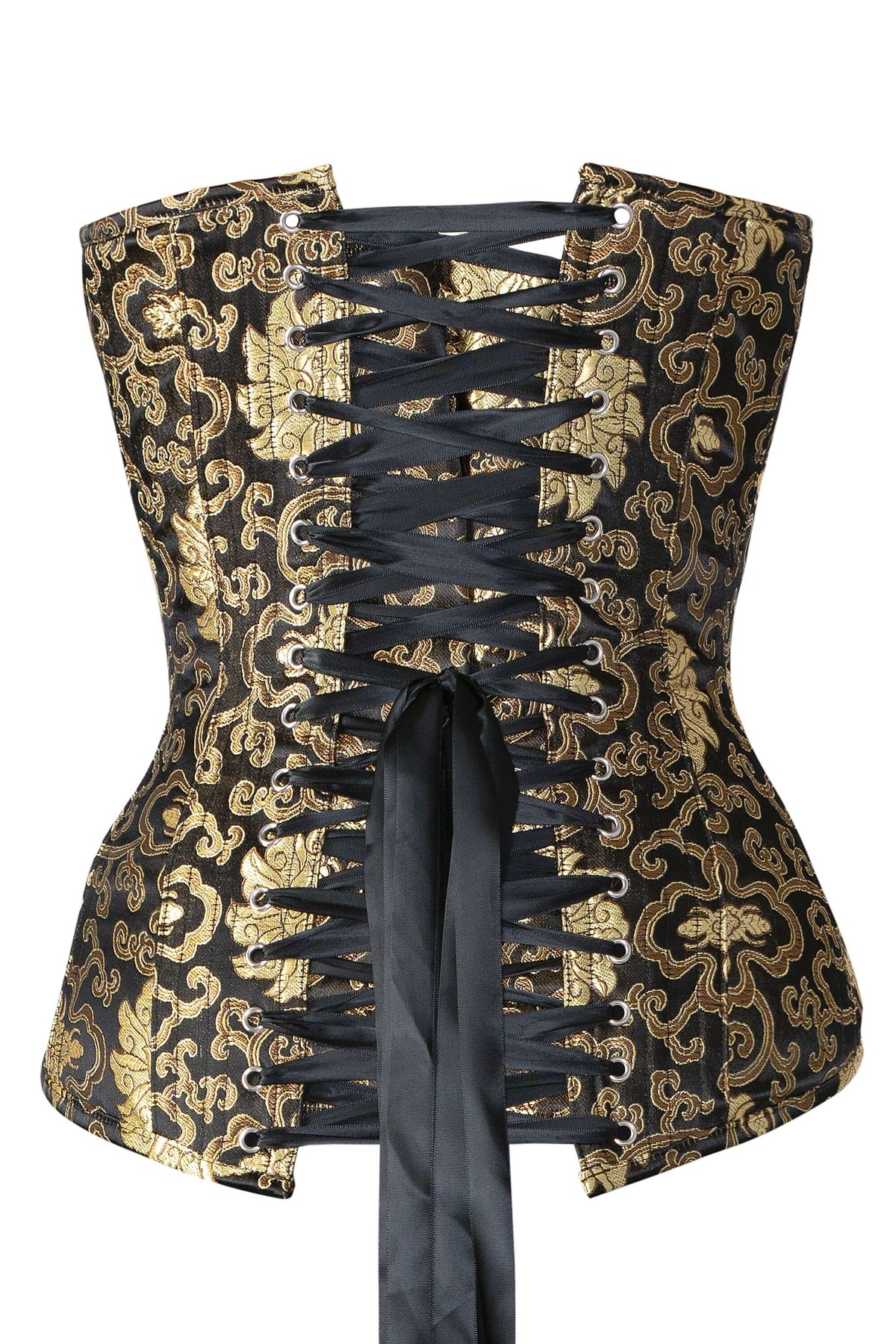 Black With Gold Brocade Pattern Longline Overbust With Hooks