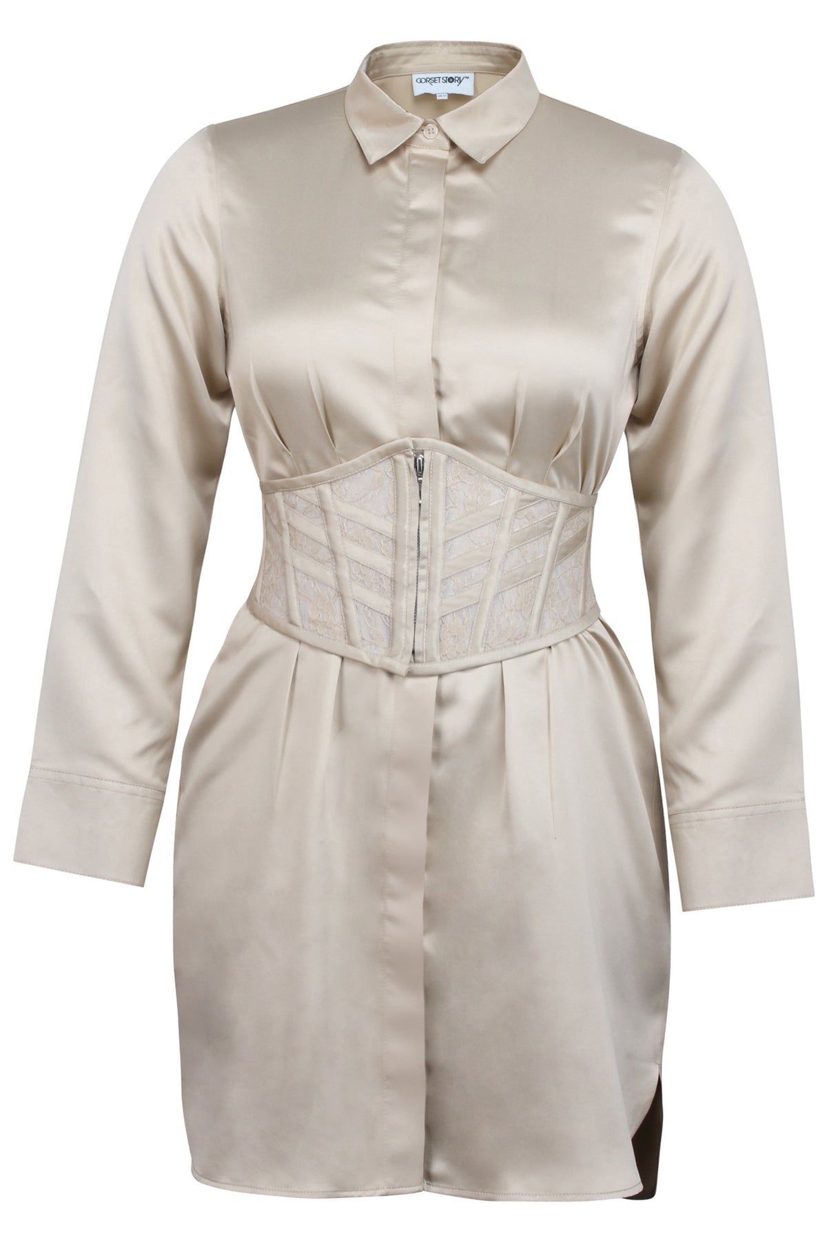 Matilda Champagne Satin Shirt Dress With Darted Waist