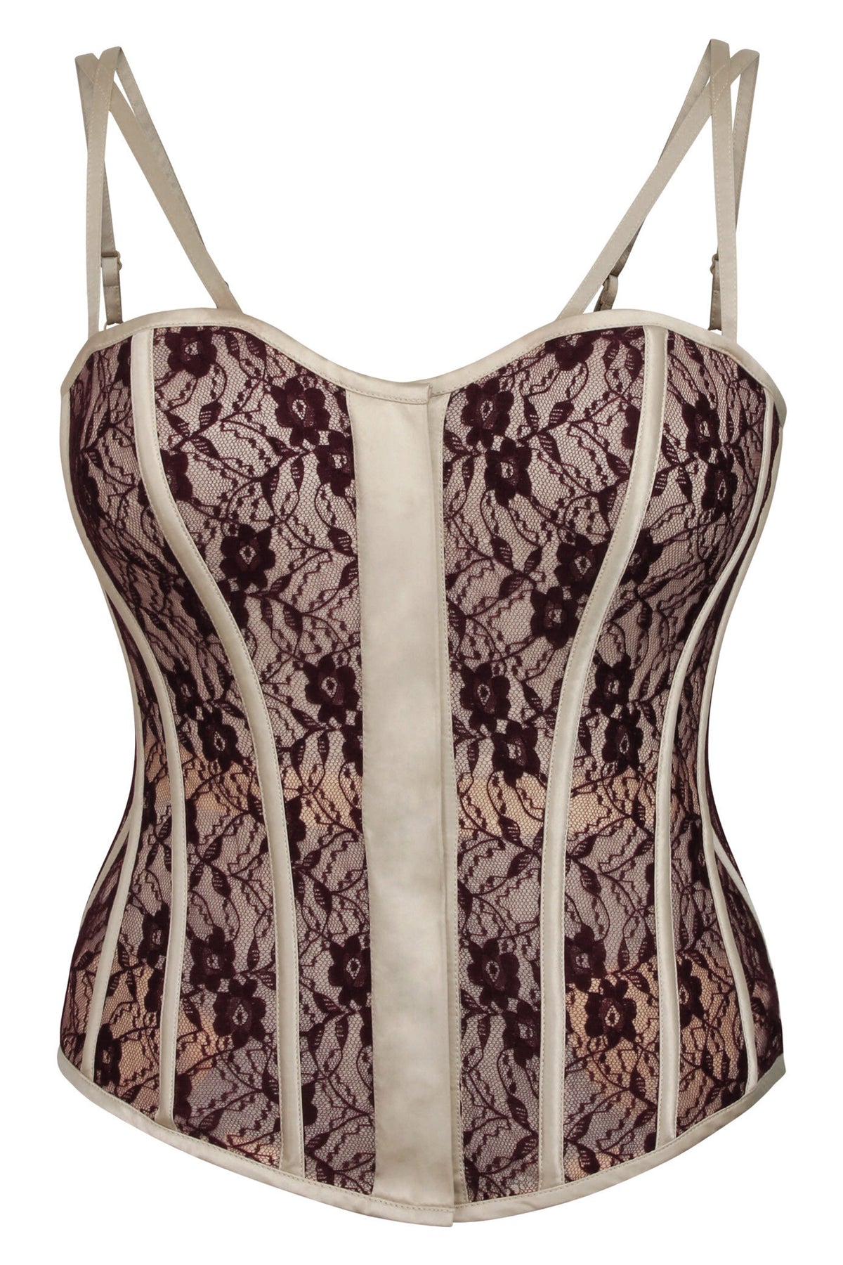 Clementine Champagne Satin And Lace Overbust Corset With Spaghetti Straps