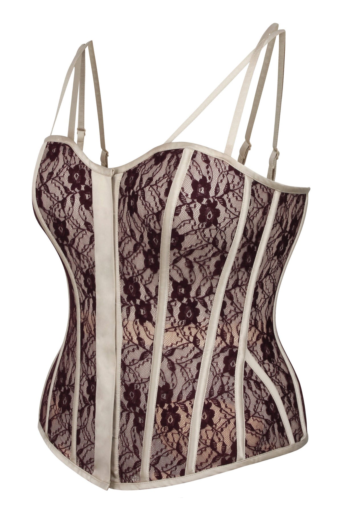 Clementine Champagne Satin And Lace Overbust Corset With Spaghetti Straps
