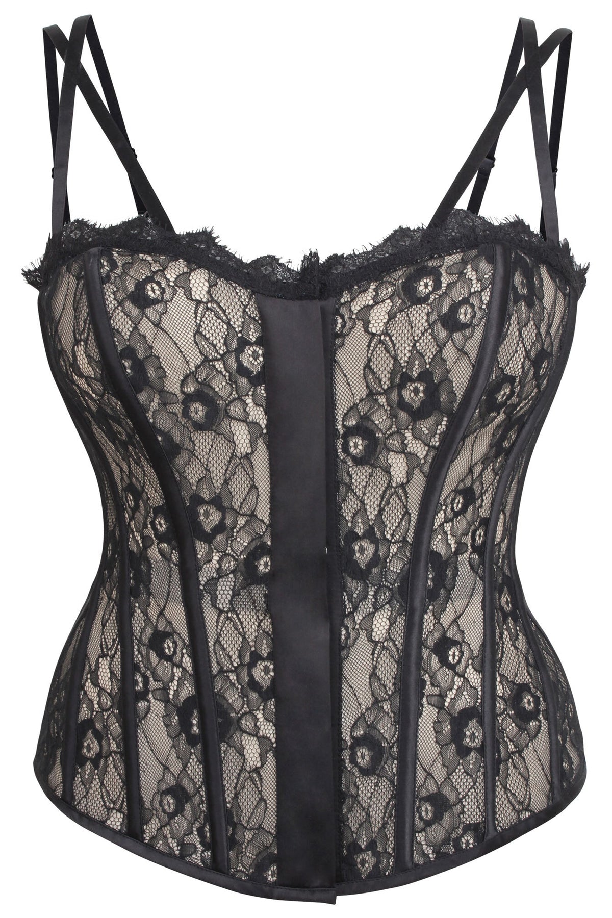 Clementine Black Satin And Lace Overbust Corset With Spaghetti Straps