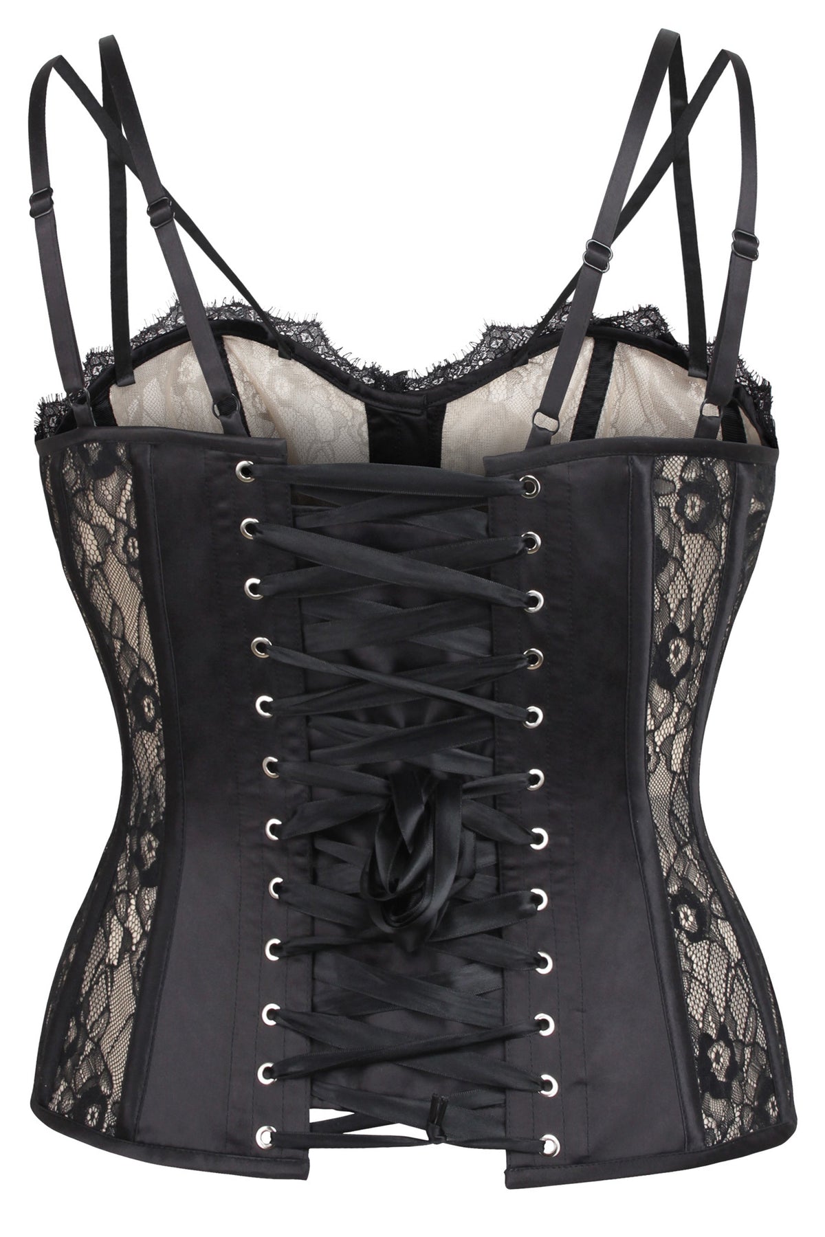 Clementine Black Satin And Lace Overbust Corset With Spaghetti Straps