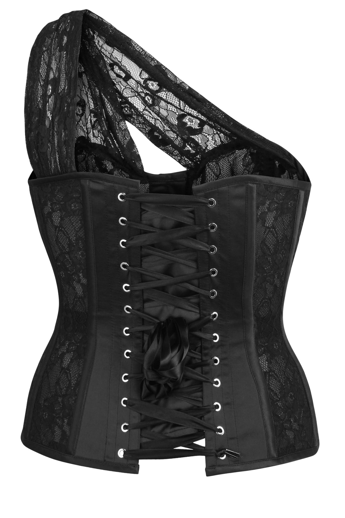 Emmeline Black Satin And Lace Overbust Corset With One Shoulder Detail