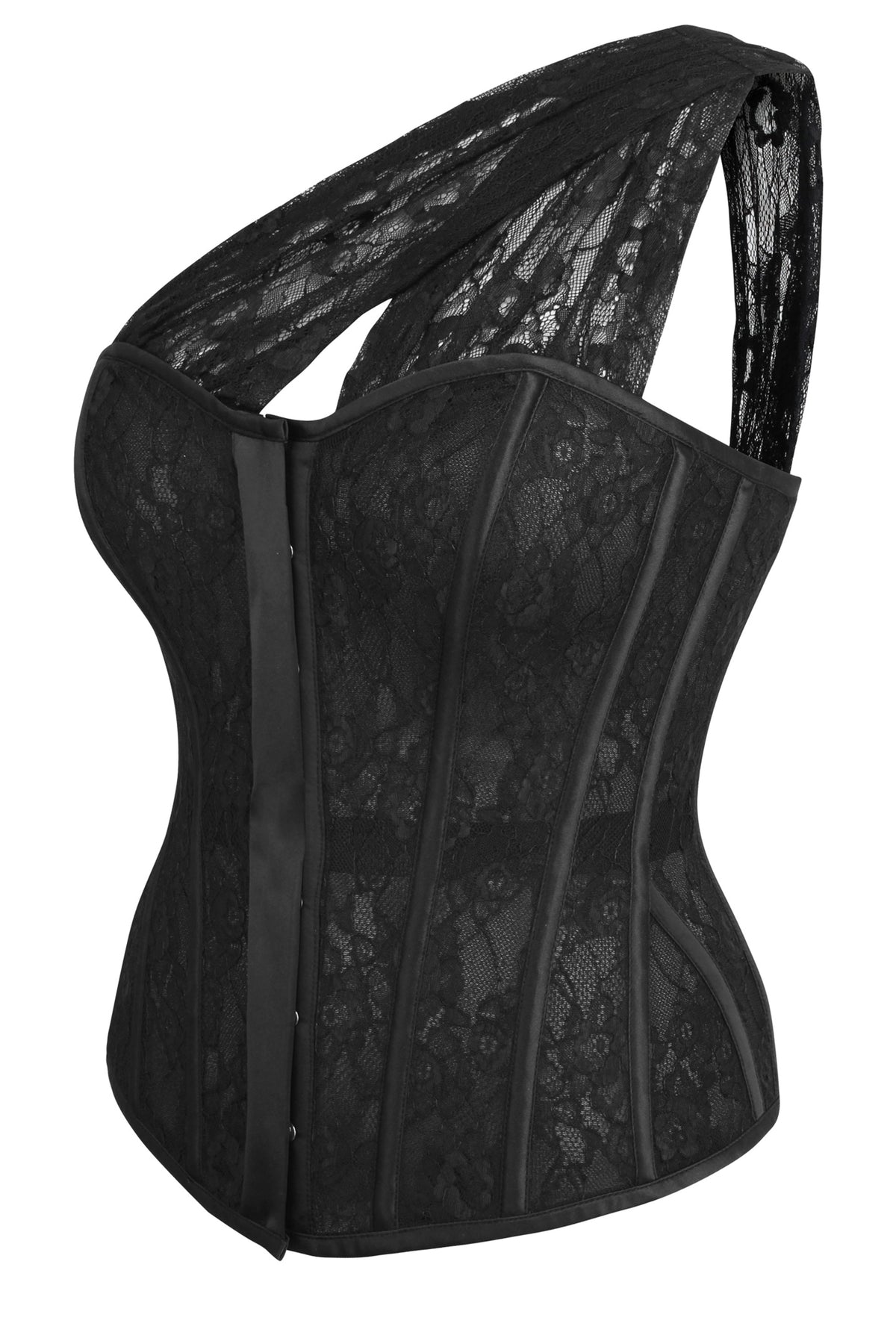 Emmeline Black Satin And Lace Overbust Corset With One Shoulder Detail