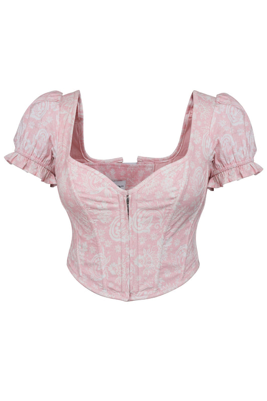 Zadie English Rose Alençon Stretch Cotton Corset Top With Puff Sleeves