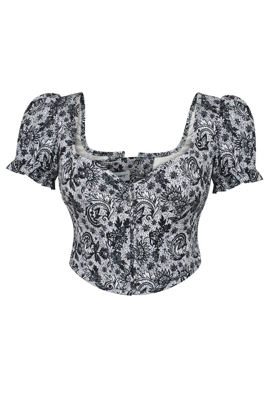 Zadie Whisper White Alençon Stretch Cotton Corset Top With Puff Sleeves