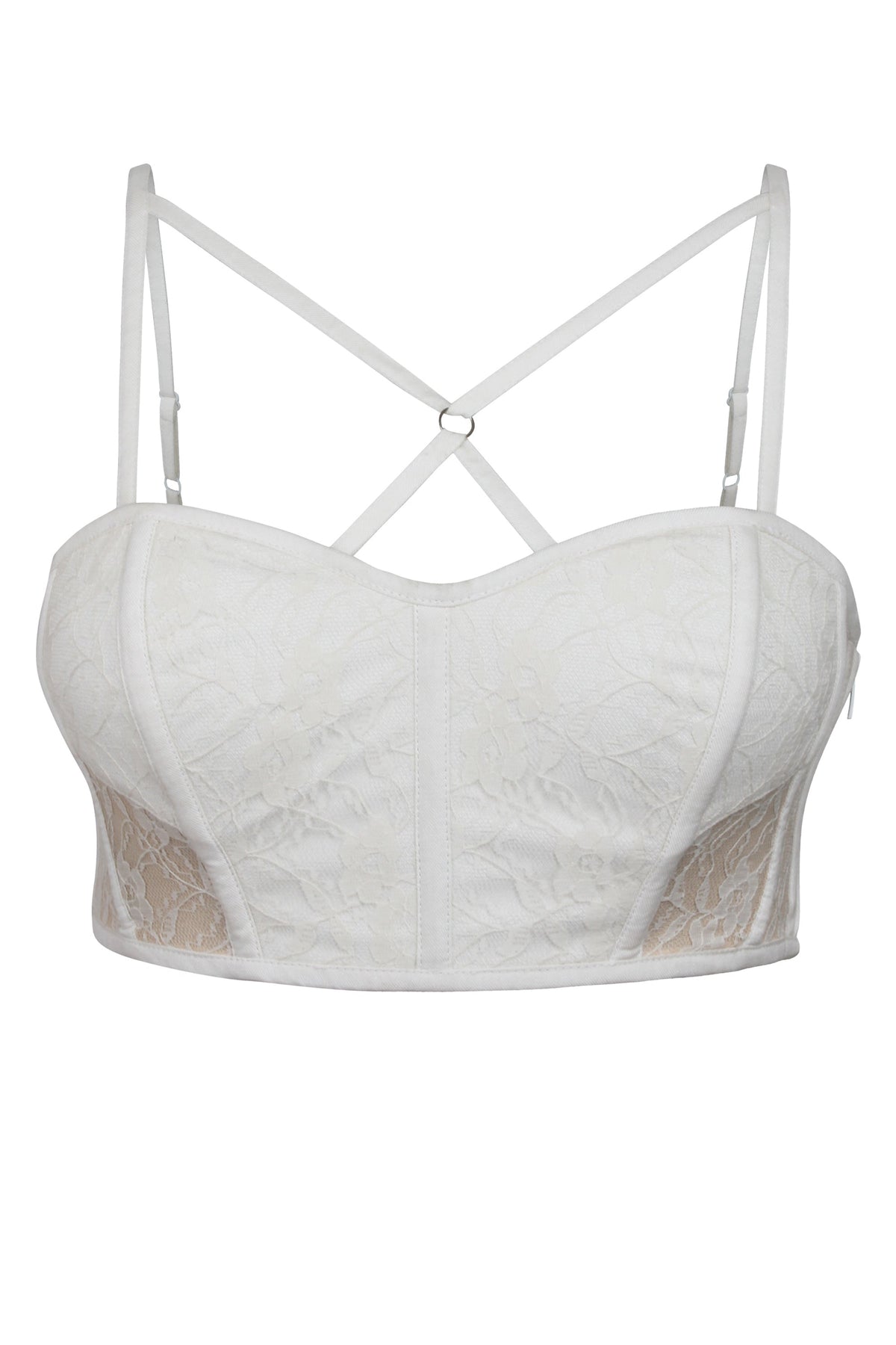 Lena Whisper White Viscose And Lace Corseted Bralette With Strapping Detail