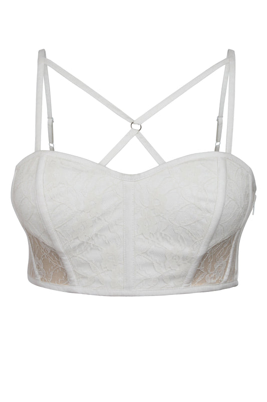 Lena Whisper White Viscose And Lace Corseted Bralette With Strapping Detail