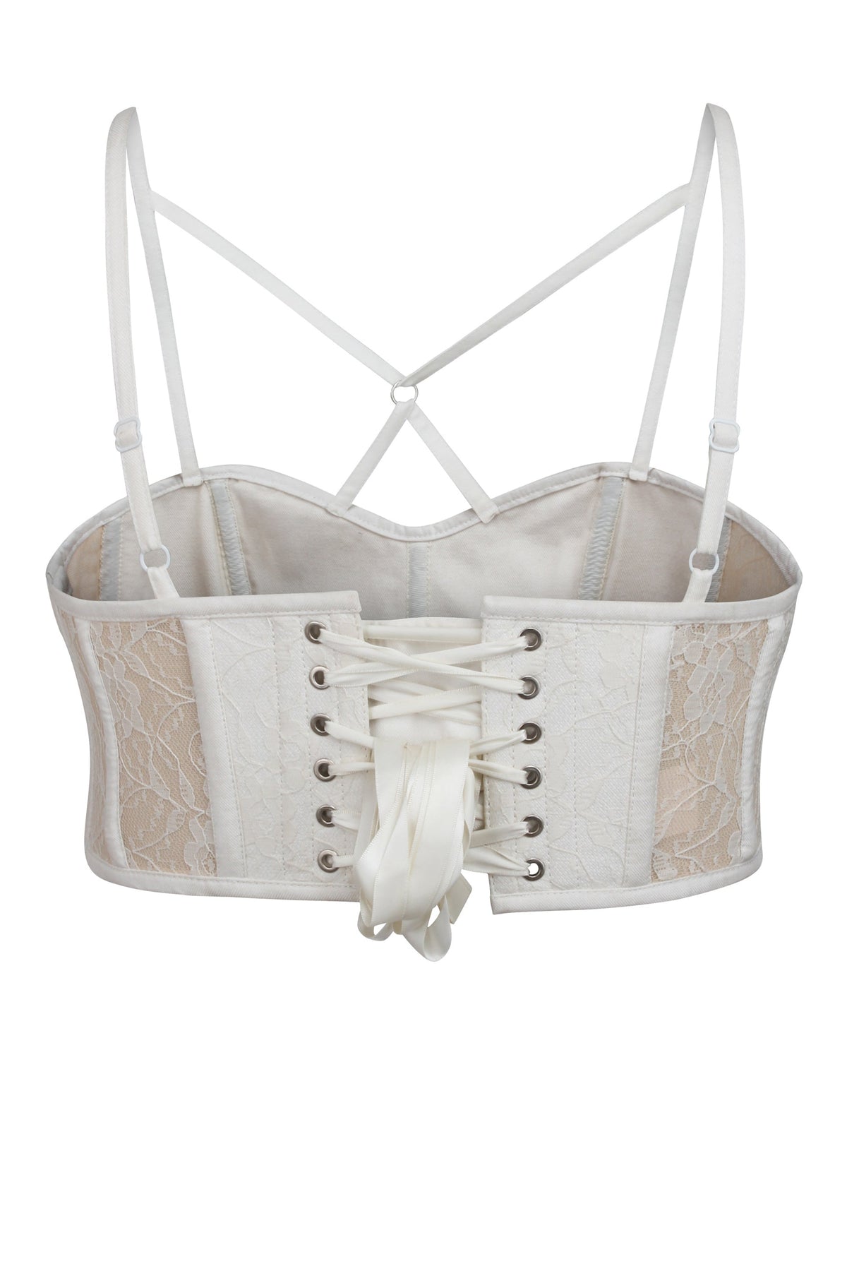 Lena Whisper White Viscose And Lace Corseted Bralette With Strapping Detail