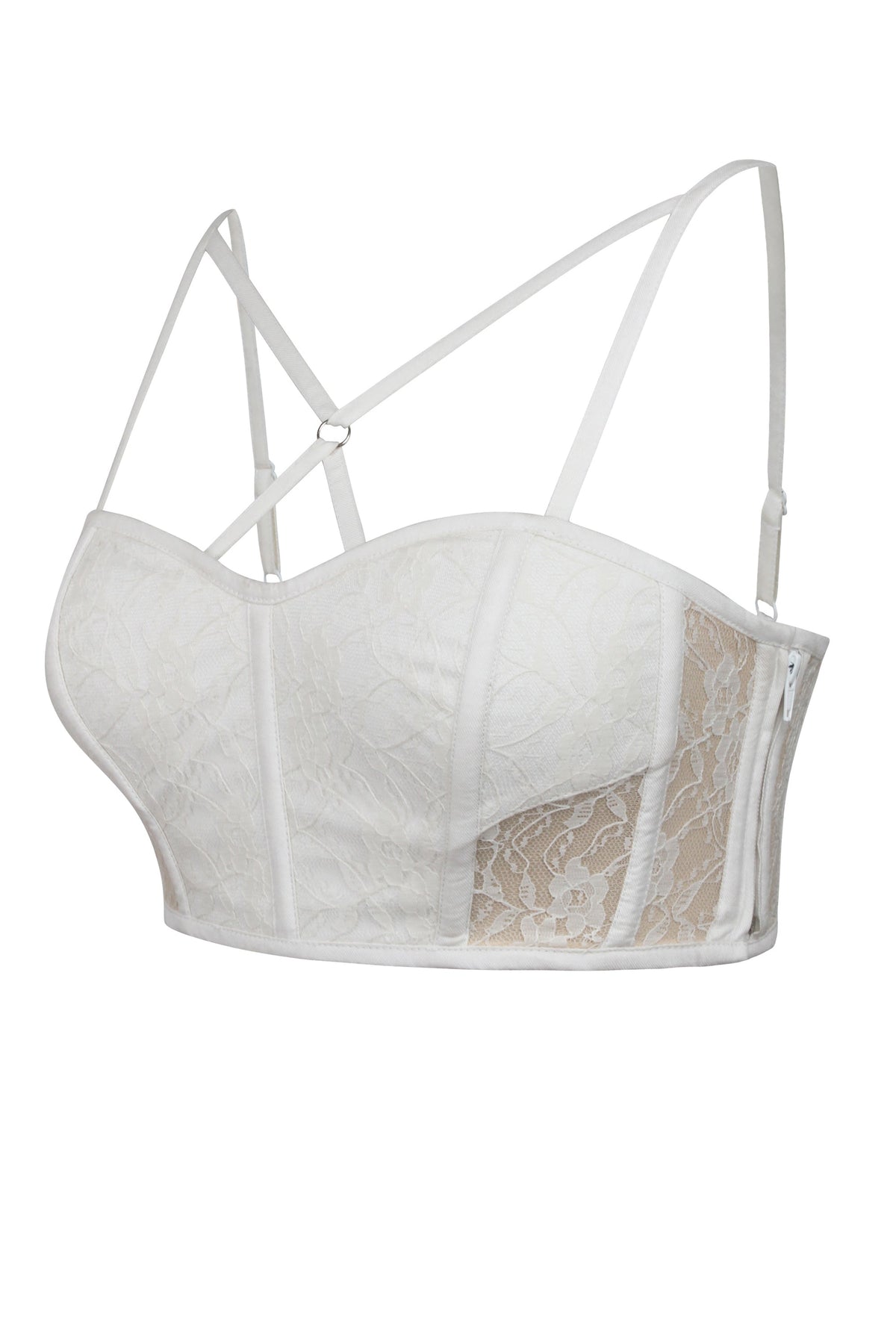 Lena Whisper White Viscose And Lace Corseted Bralette With Strapping Detail