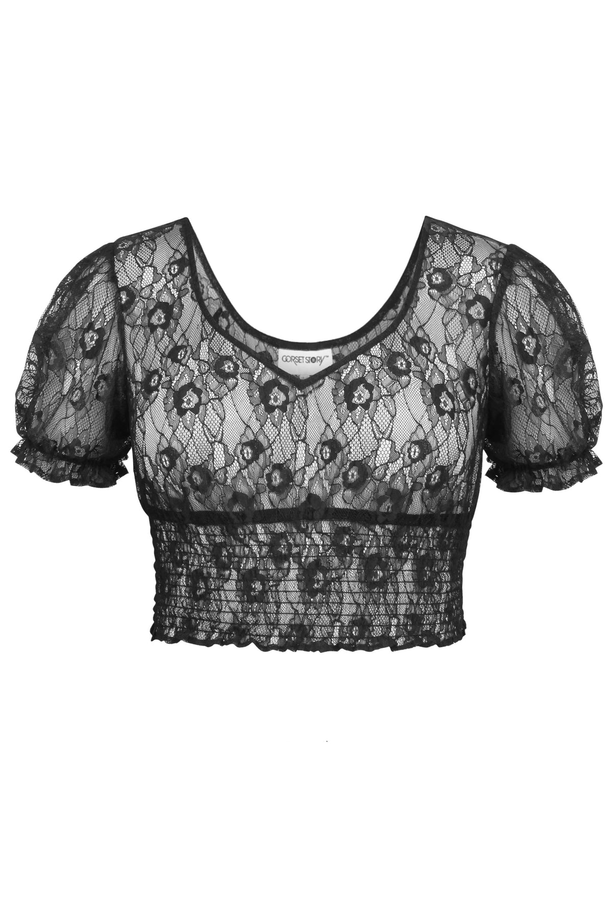 Rayne Black Lace Cropped Top With Puff Sleeves