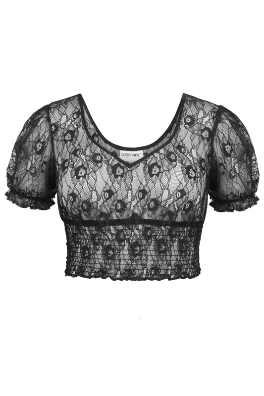 Rayne Black Lace Cropped Top With Puff Sleeves