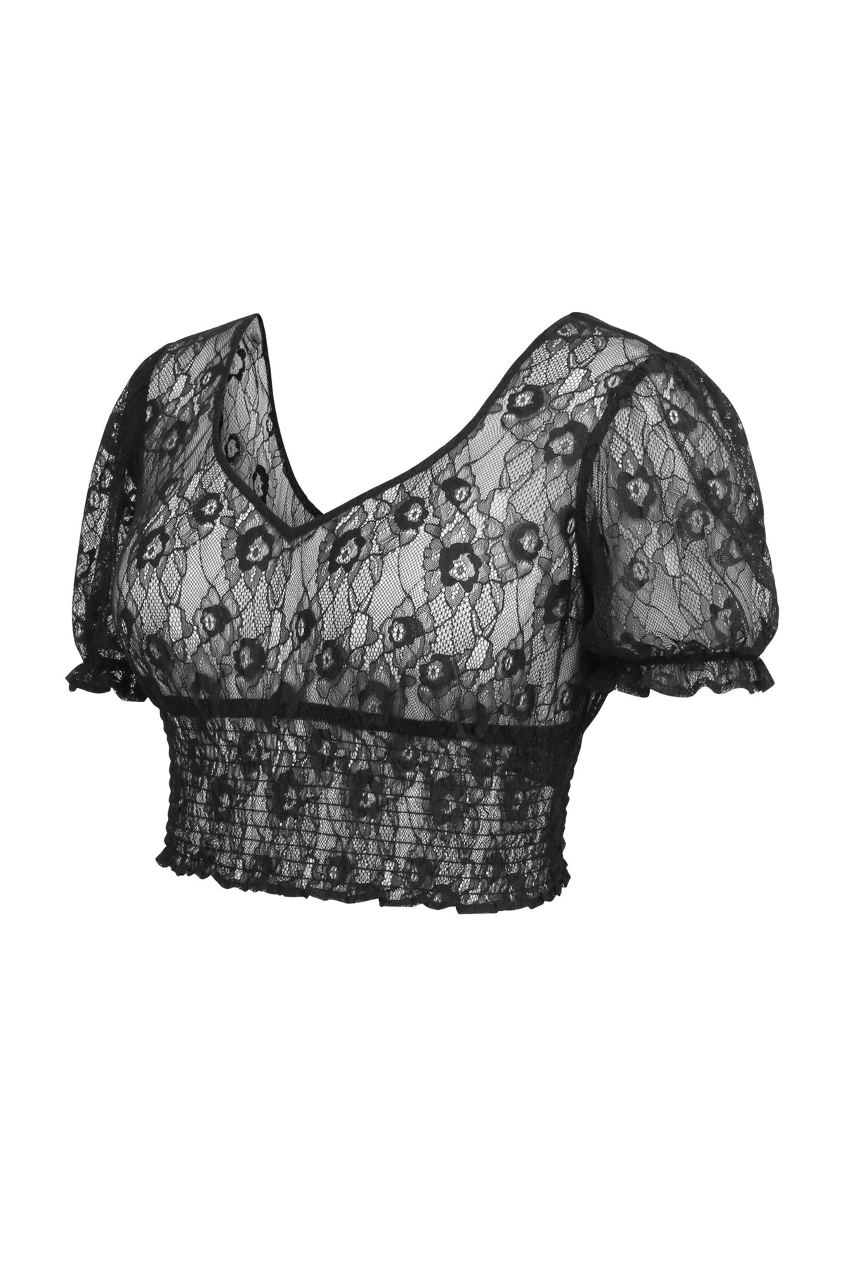 Rayne Black Lace Cropped Top With Puff Sleeves
