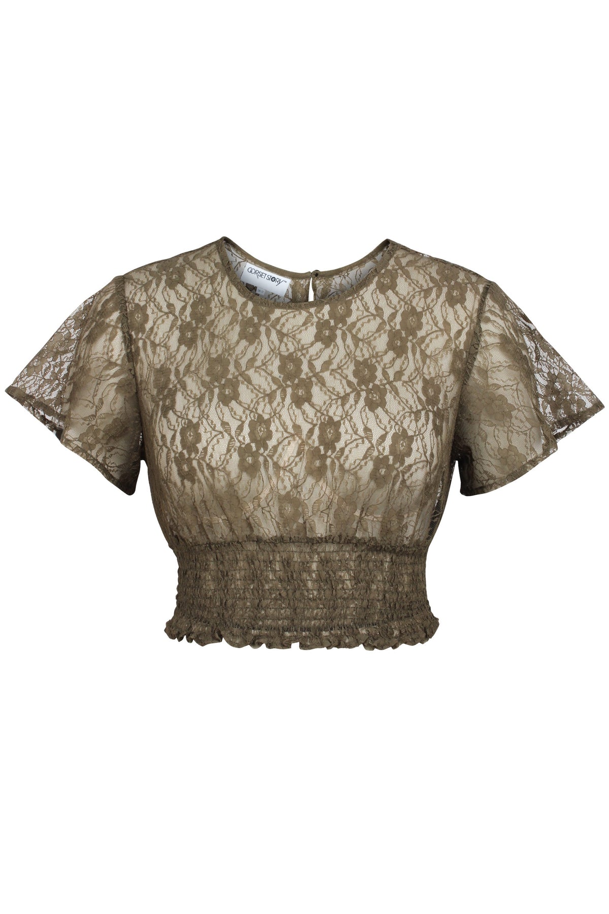 Helena Capulate Olive Lace Cropped Top With Crew Neckline