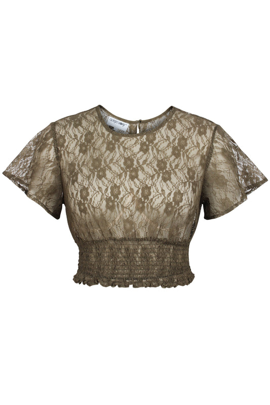 Helena Capulate Olive Lace Cropped Top With Crew Neckline