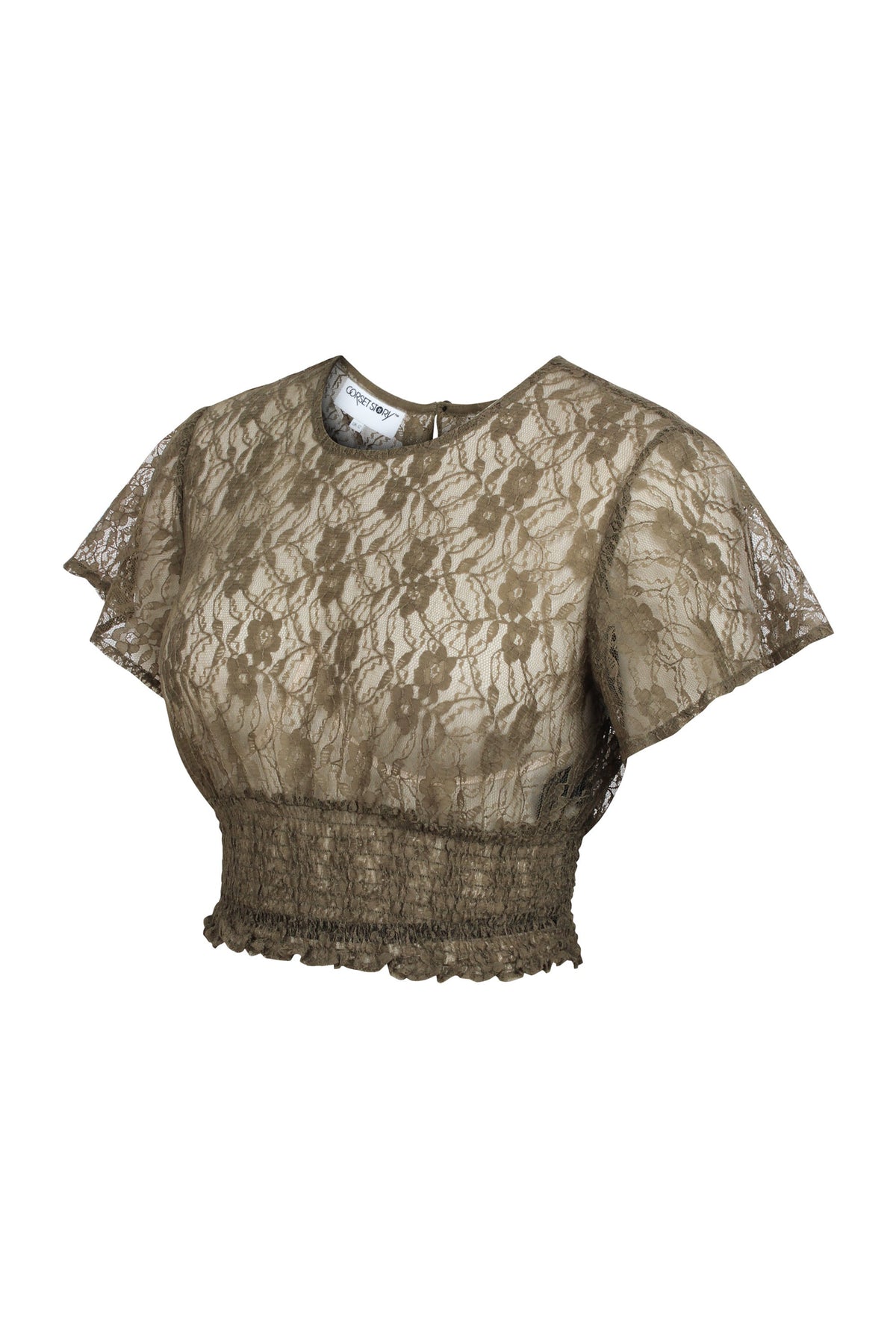 Helena Capulate Olive Lace Cropped Top With Crew Neckline