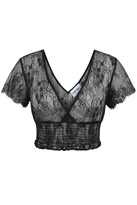 Ada Black Lace Cropped Top With Deep V Neckline