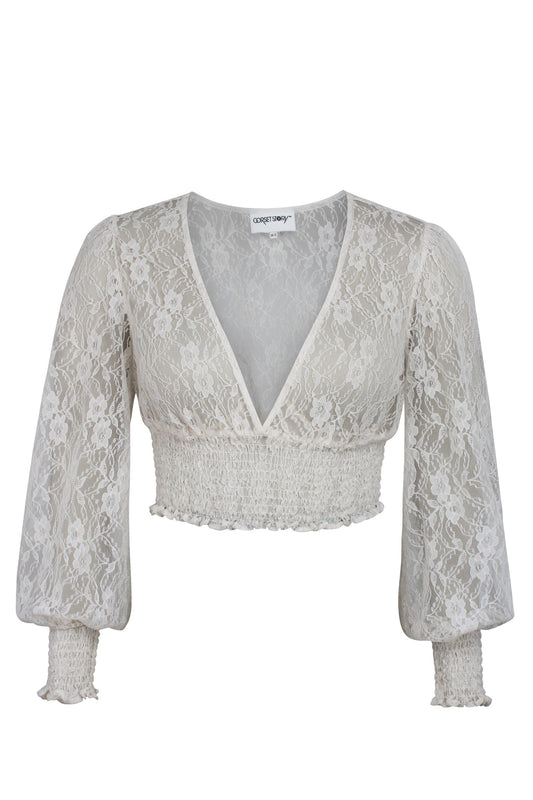 Pearl Whisper White Lace Cropped Top With Long Sleeves