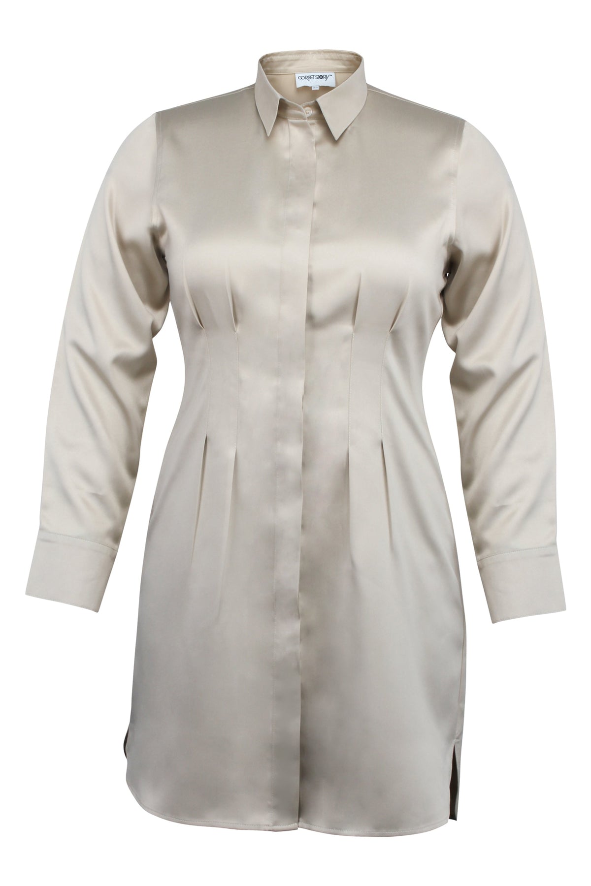 Matilda Champagne Satin Shirt Dress With Darted Waist
