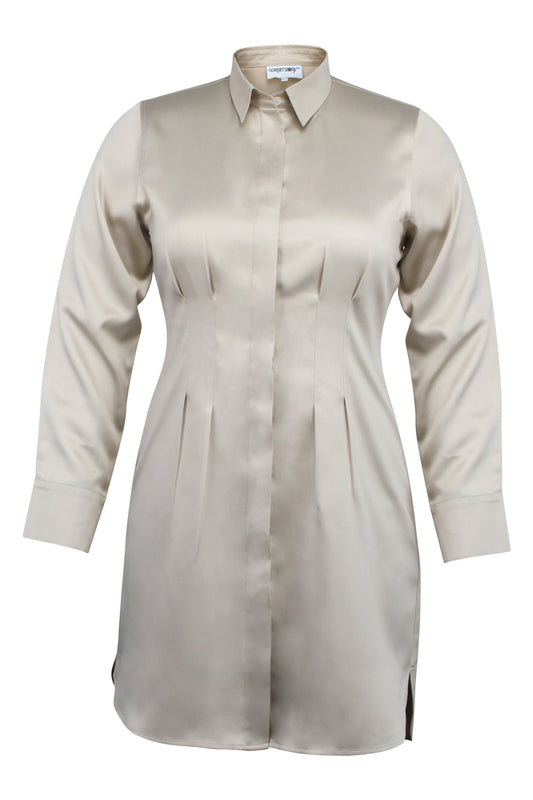 Matilda Champagne Satin Shirt Dress With Darted Waist