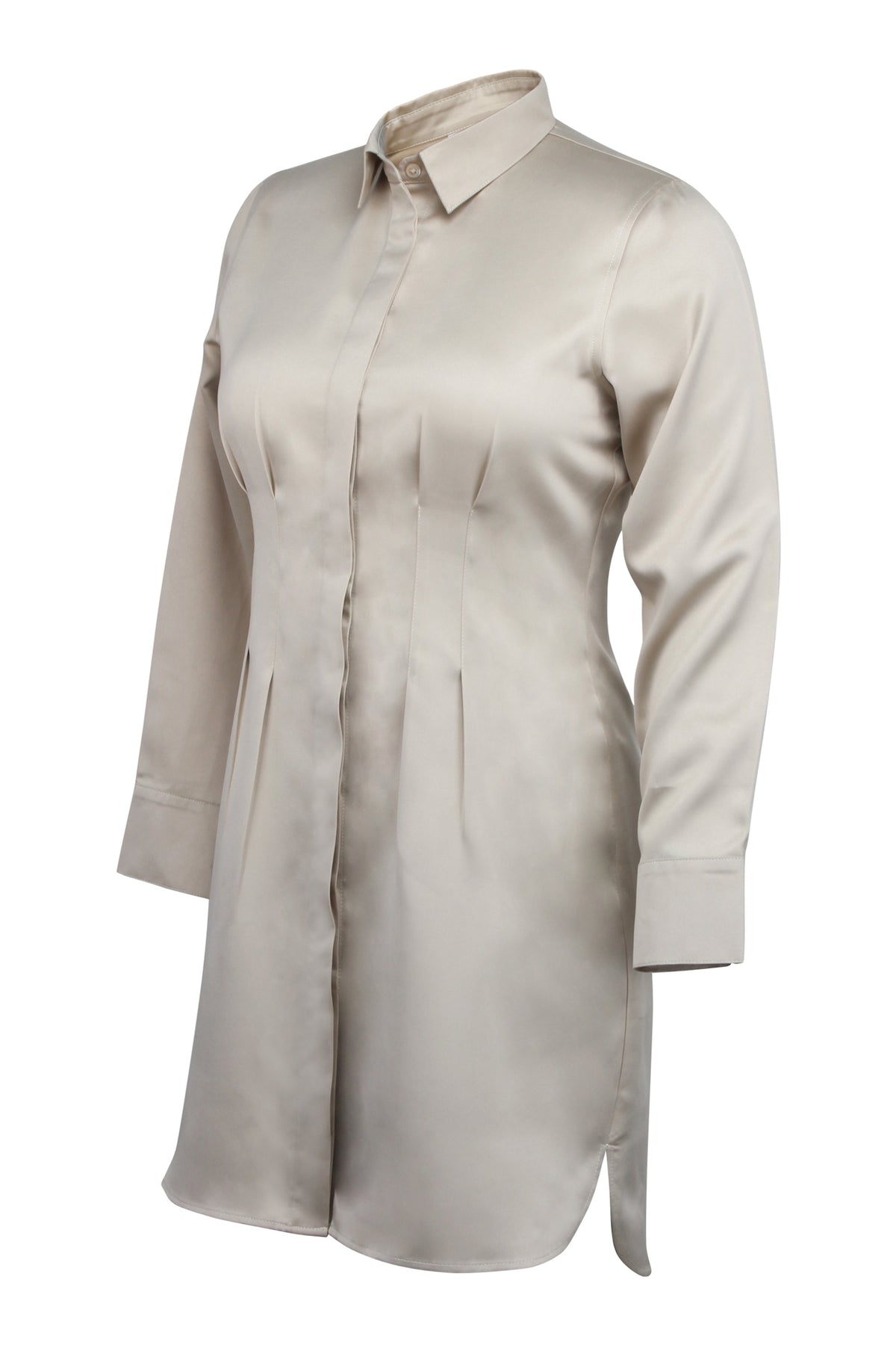 Matilda Champagne Satin Shirt Dress With Darted Waist