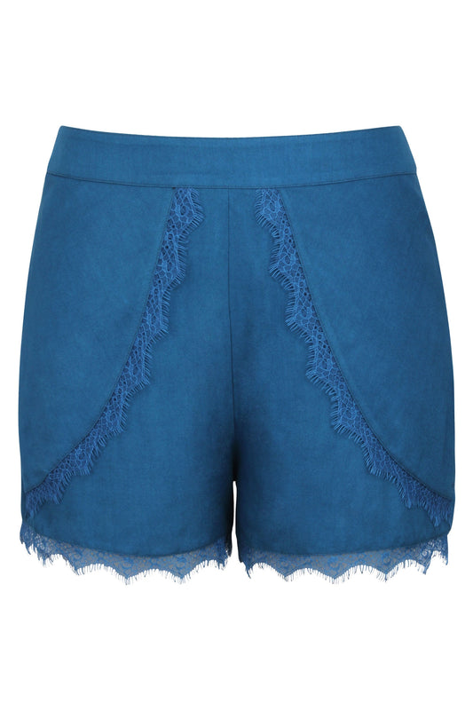 Agatha Teal Viscose Shorts With Lace Trim