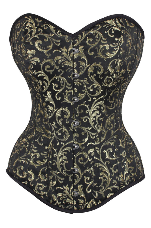 Long Gold Brocade Pattern Corset With Hip Gores