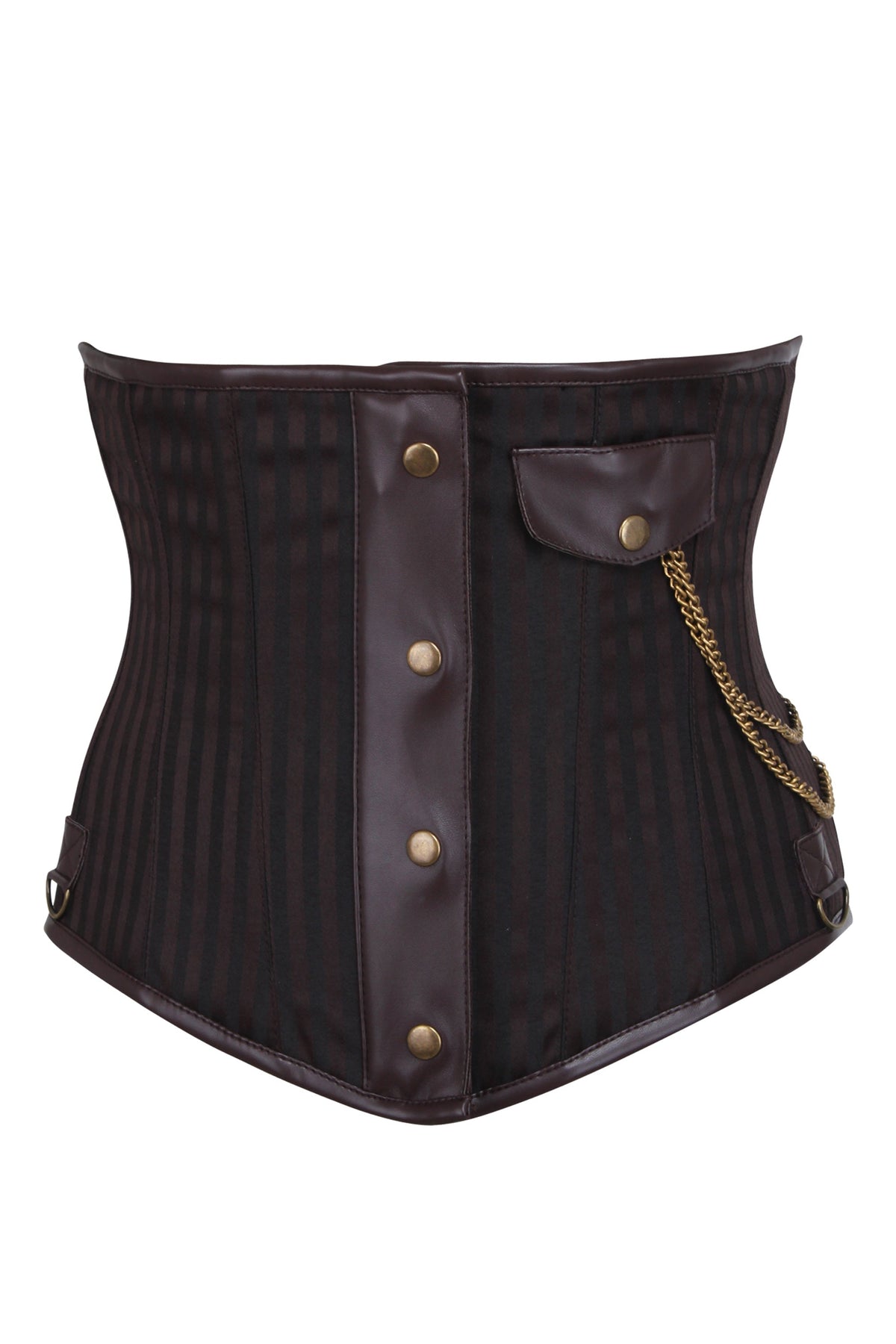 Brown Striped Steampunk Underbust With Steel Busk Covered Detail And Pocket Chain