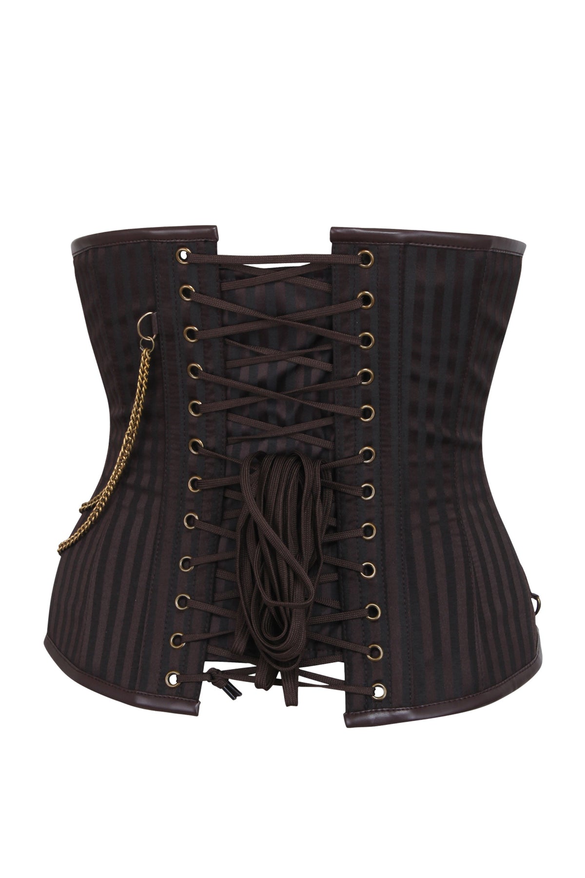 Brown Striped Steampunk Underbust With Steel Busk Covered Detail And Pocket Chain