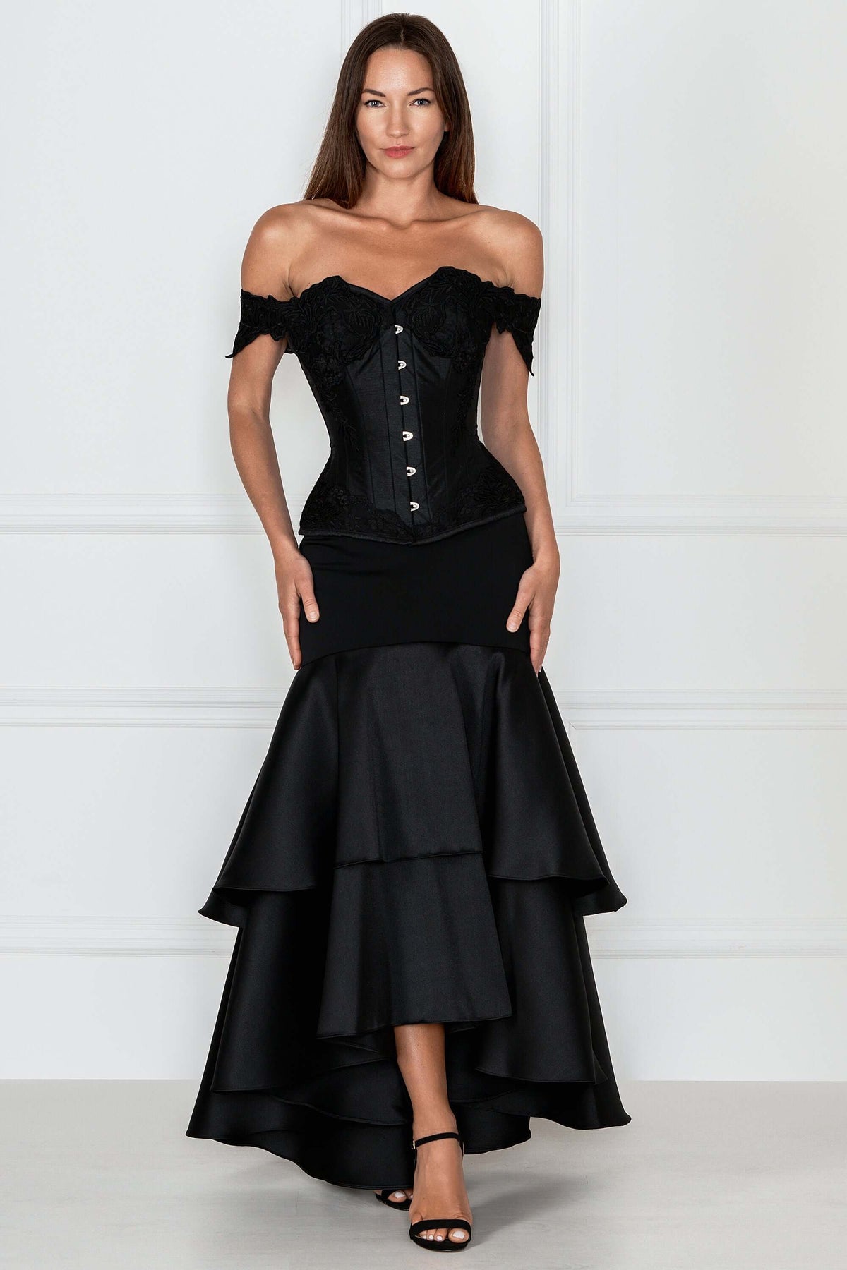 Black Longline Corset Top With Lace Cap Sleeve