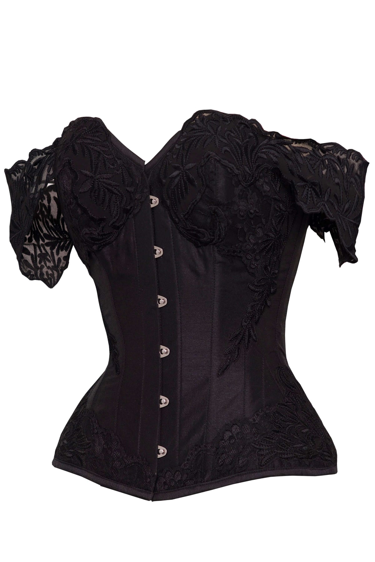 Black Longline Corset Top With Lace Cap Sleeve