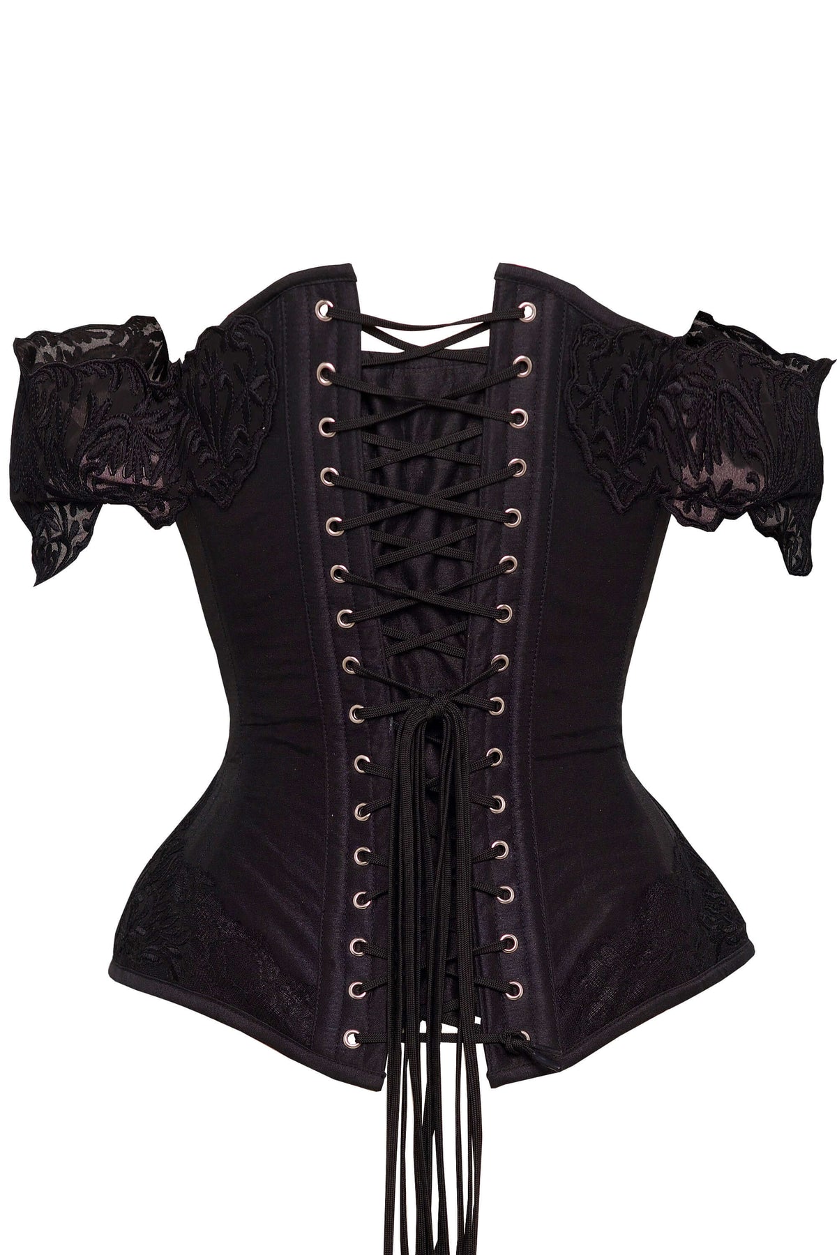 Black Longline Corset Top With Lace Cap Sleeve
